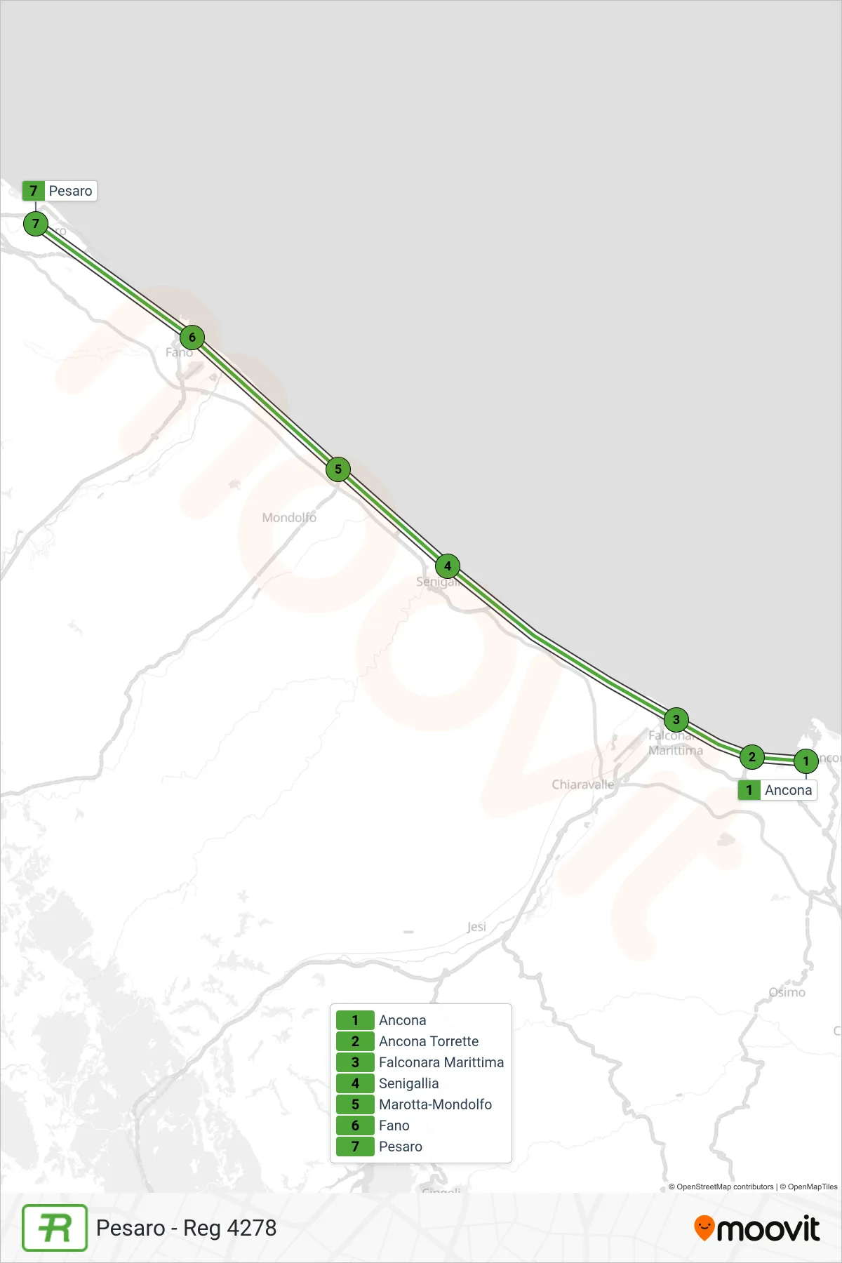 Linea REG  treno (Pesaro - Reg 4278) - Percorsi e fermate sulla mappa