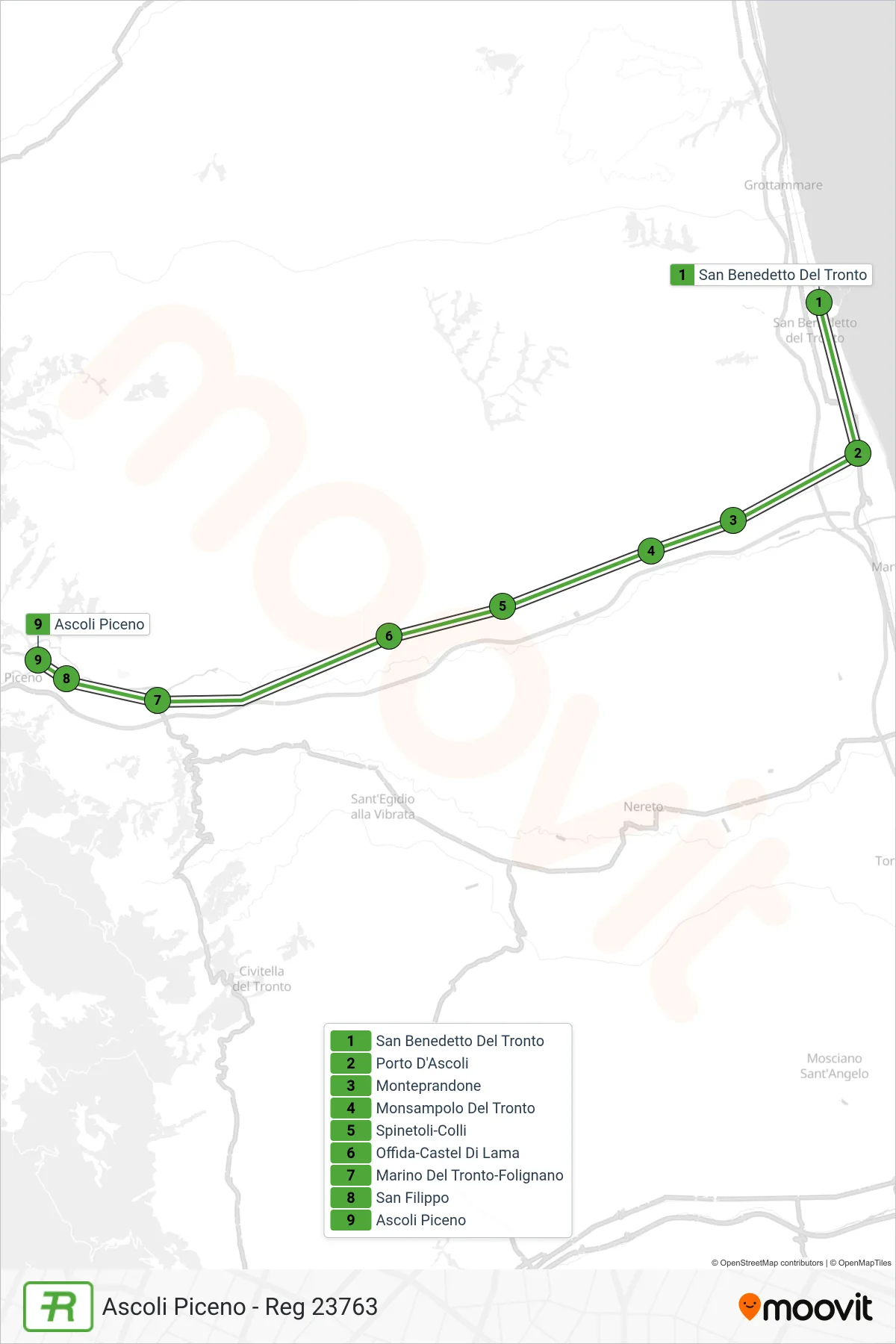 Linea REG treno (Ascoli Piceno - Reg 23763) - Percorsi e fermate sulla mappa