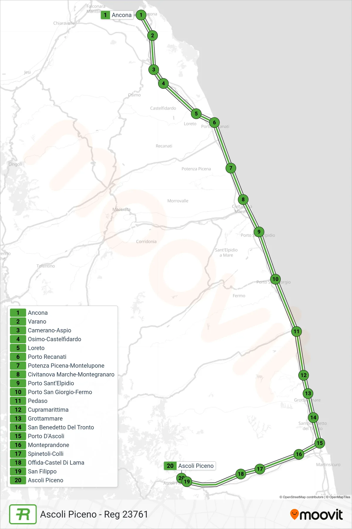 Linea REG treno (Ascoli Piceno - Reg 23761) - Percorsi e fermate sulla mappa