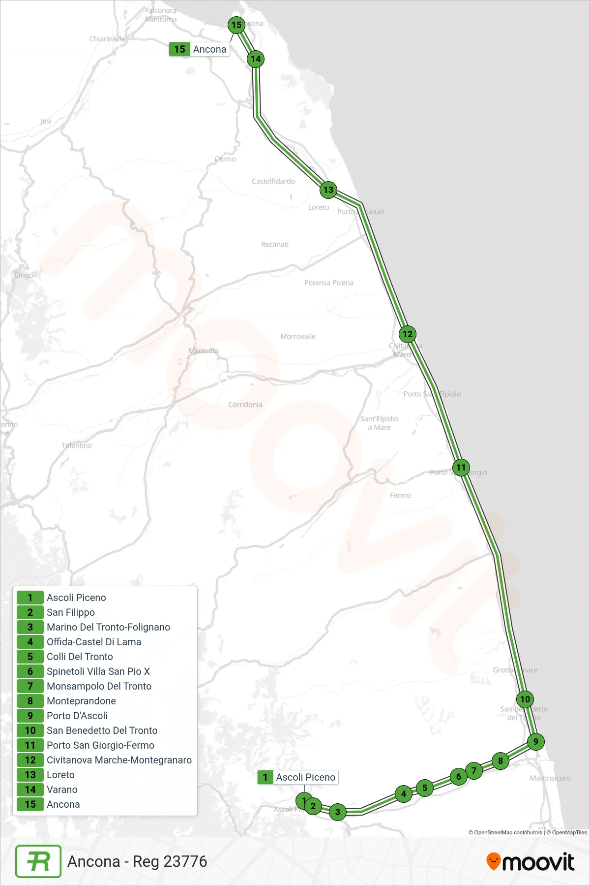 Linea REG treno (Ancona - Reg 23776) - Percorsi e fermate sulla mappa