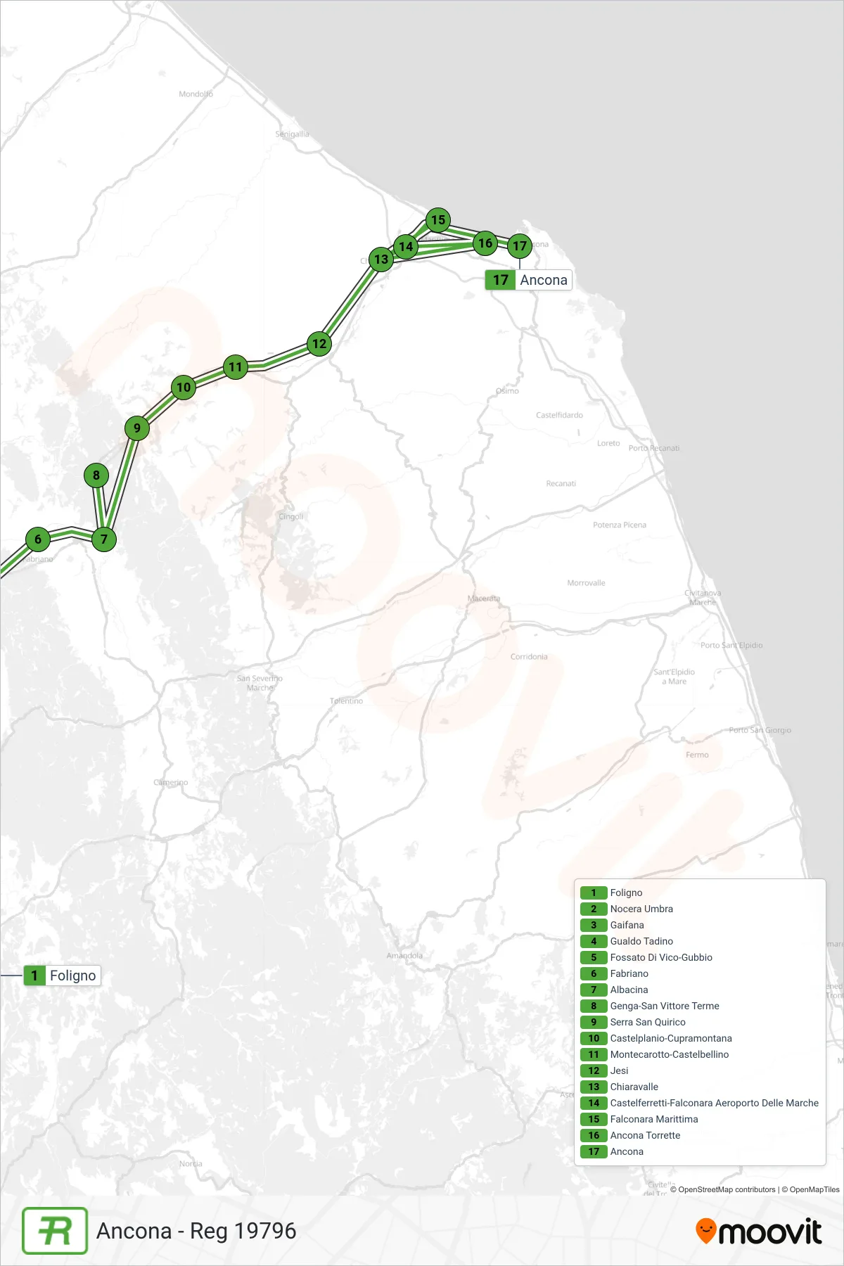 Linea REG treno (Ancona - Reg 19796) - Percorsi e fermate sulla mappa