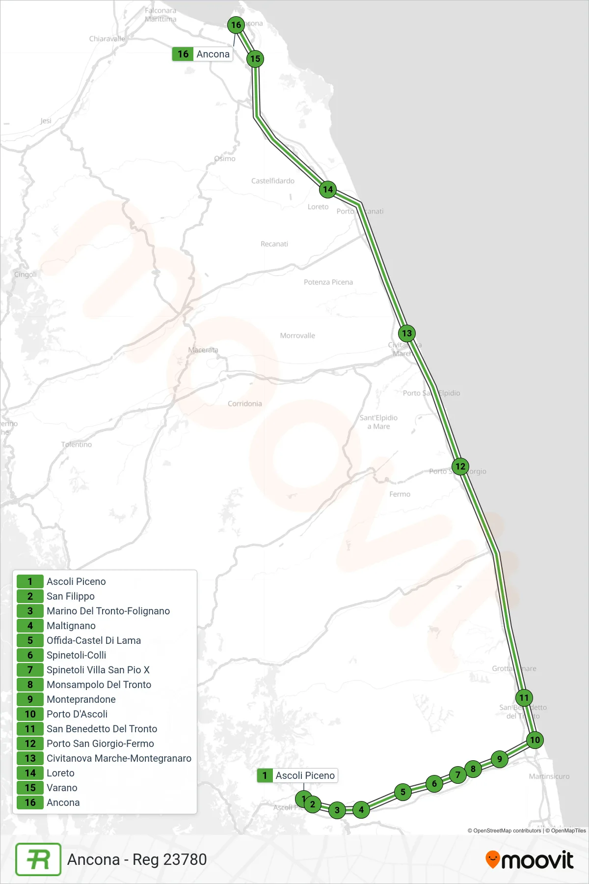 Linea REG treno (Ancona - Reg 23780) - Percorsi e fermate sulla mappa