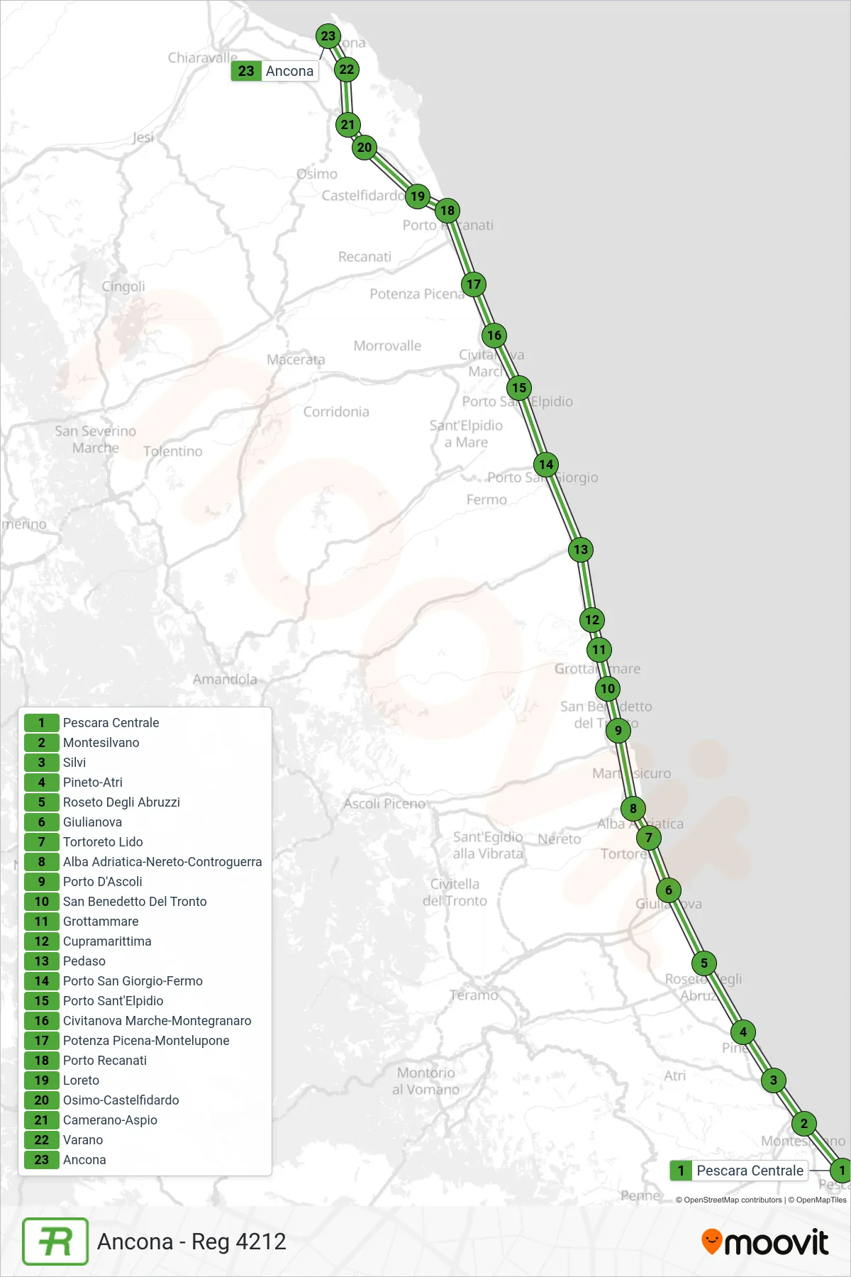 Linea REG treno (Ancona - Reg 4212) - Percorsi e fermate sulla mappa