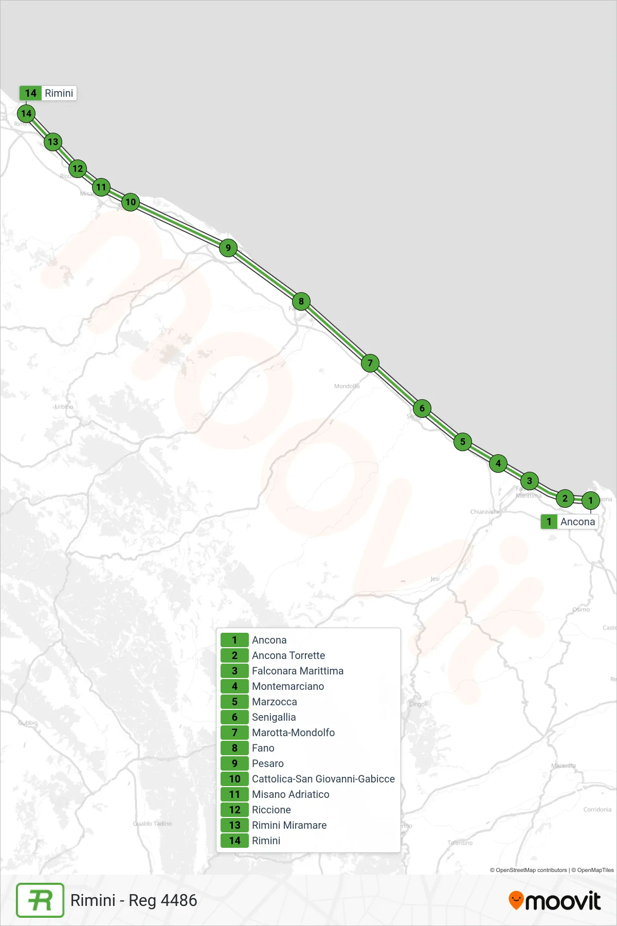 Linea REG treno (Rimini - Reg 4486) - Percorsi e fermate sulla mappa
