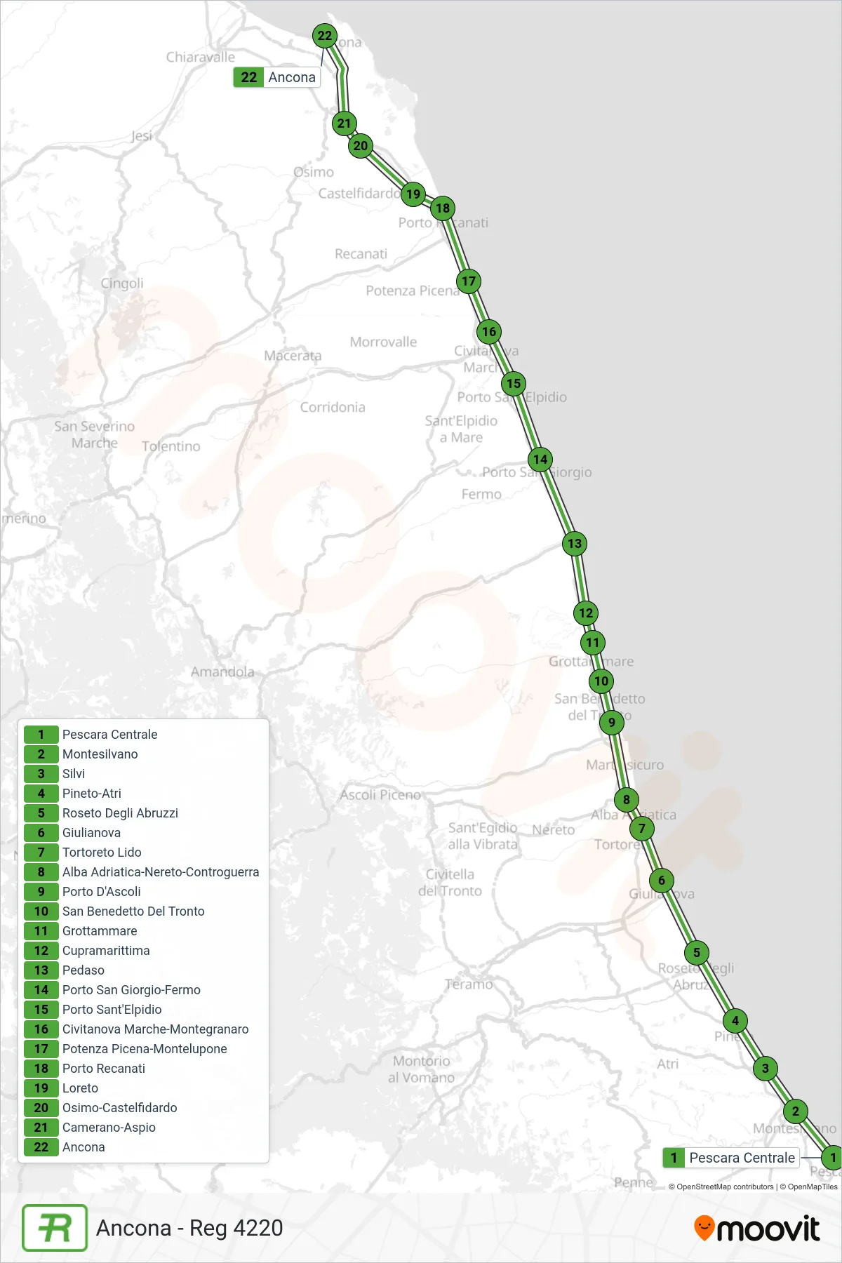 Linea REG treno (Ancona - Reg 4220) - Percorsi e fermate sulla mappa