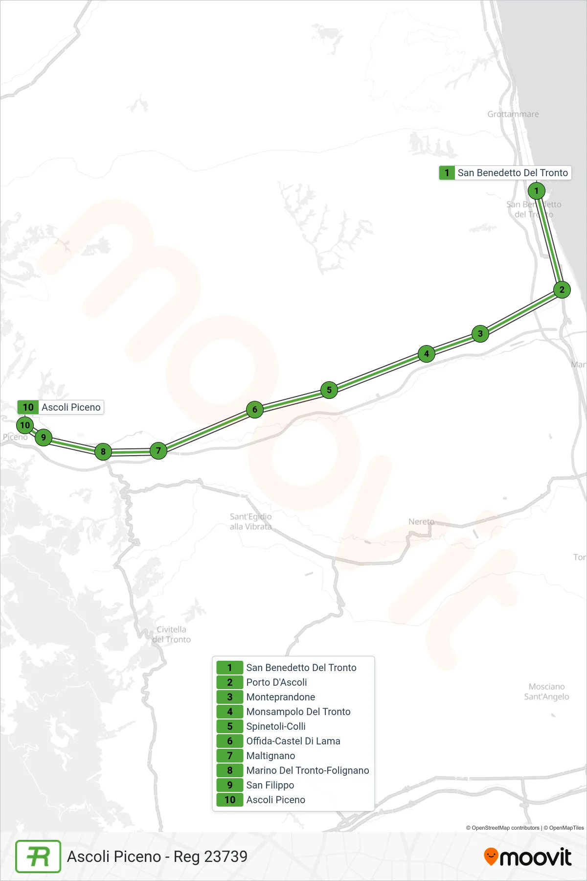 Linea REG treno (Ascoli Piceno - Reg 23739) - Percorsi e fermate sulla mappa