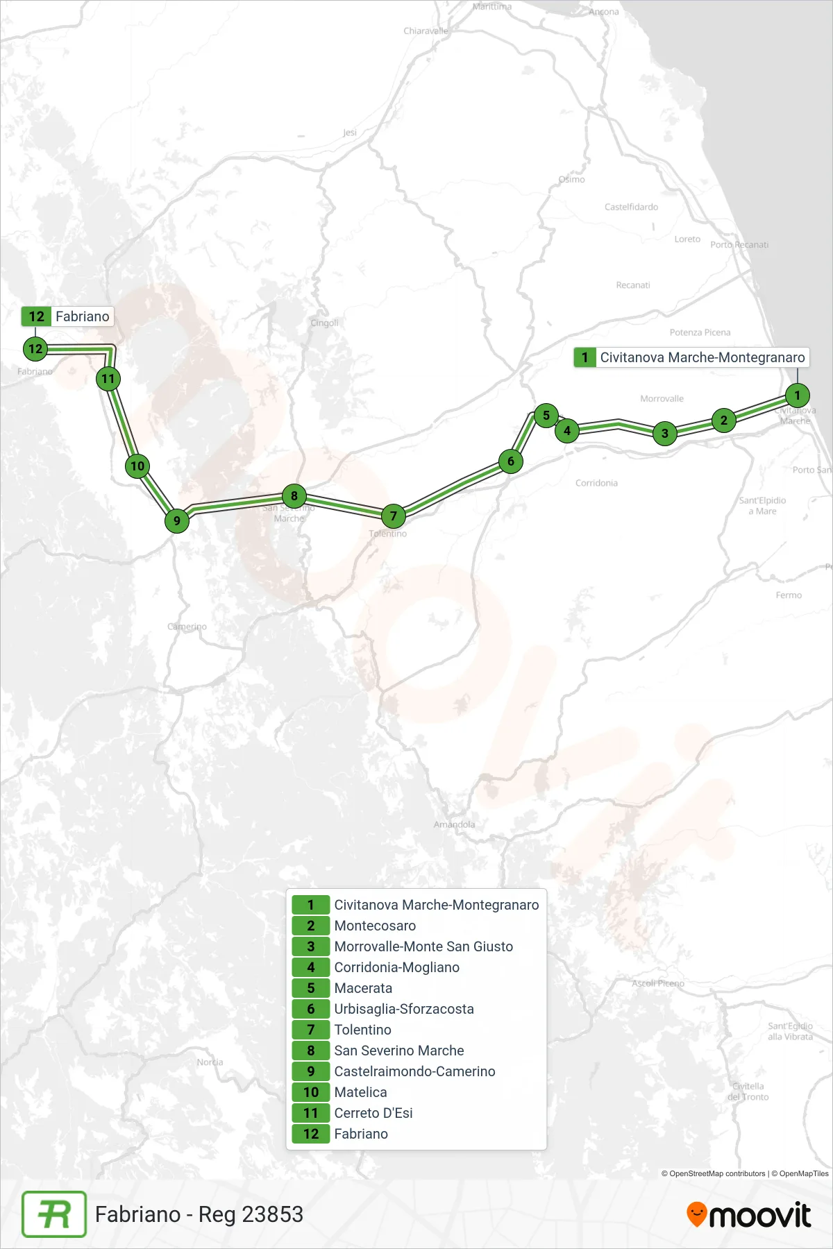 Linea REG  treno (Fabriano - Reg 23853) - Percorsi e fermate sulla mappa