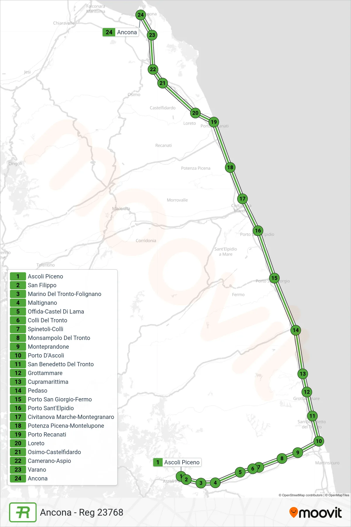 Linea REG treno (Ancona - Reg 23768) - Percorsi e fermate sulla mappa