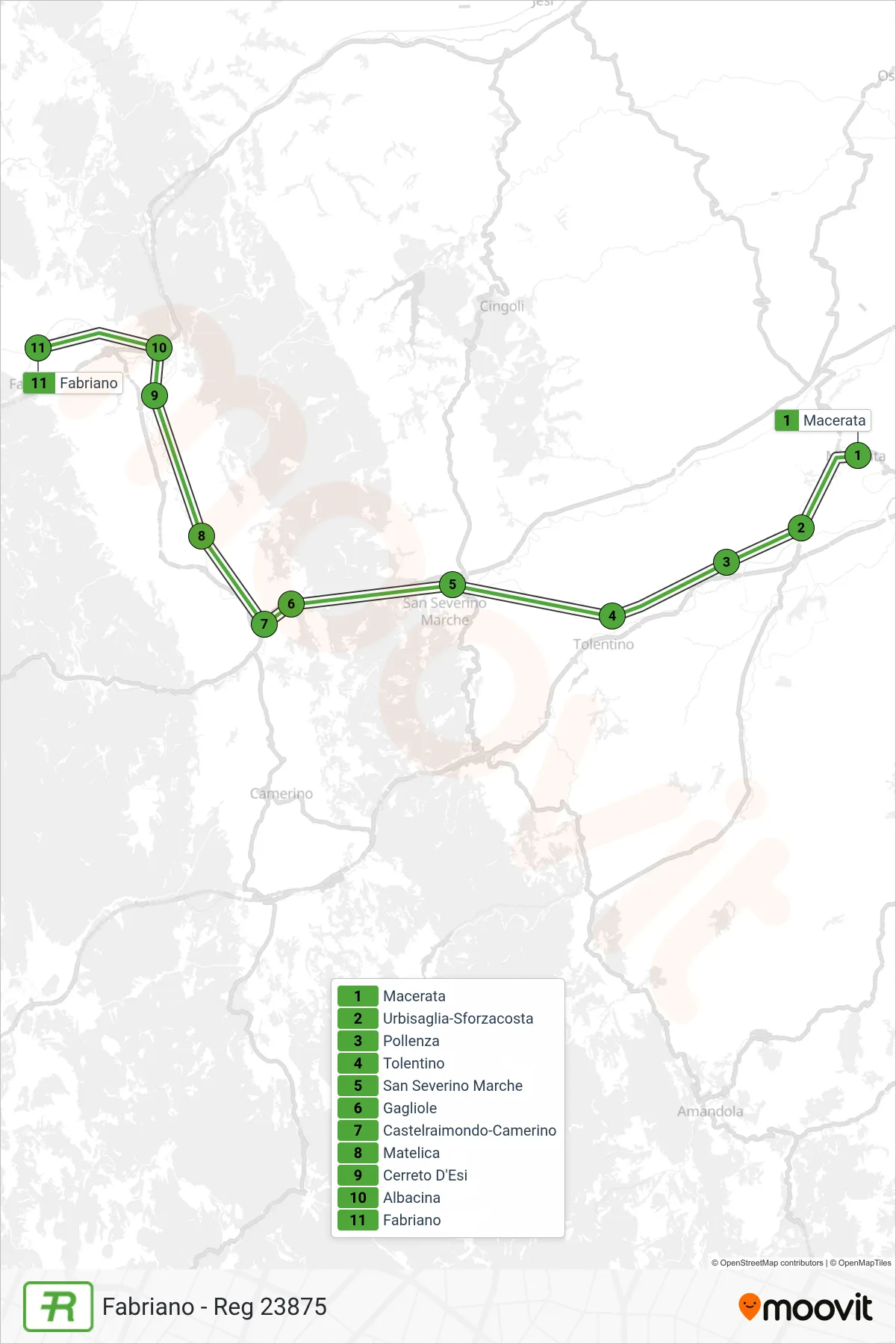 Linea REG  treno (Fabriano - Reg 23875) - Percorsi e fermate sulla mappa