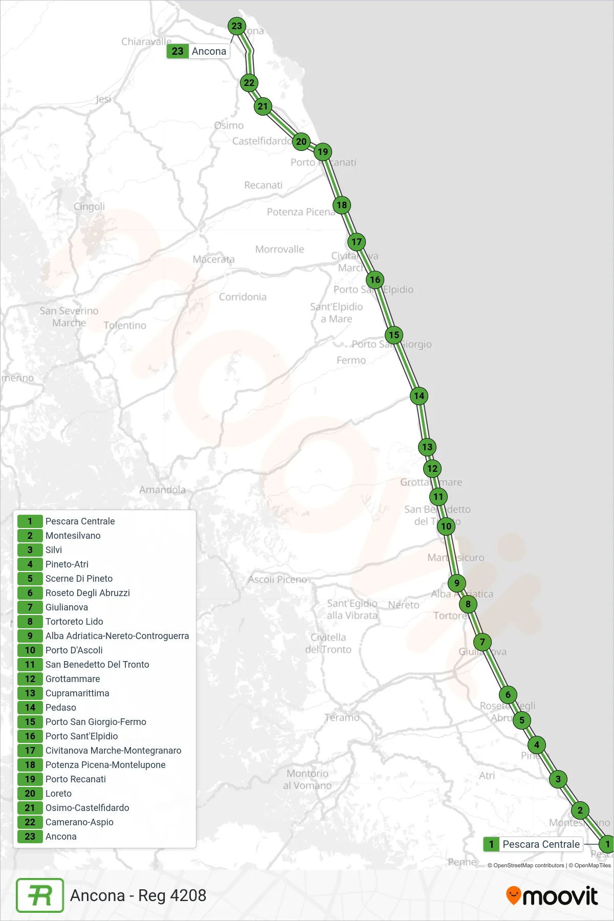 Linea REG treno (Ancona - Reg 4208) - Percorsi e fermate sulla mappa
