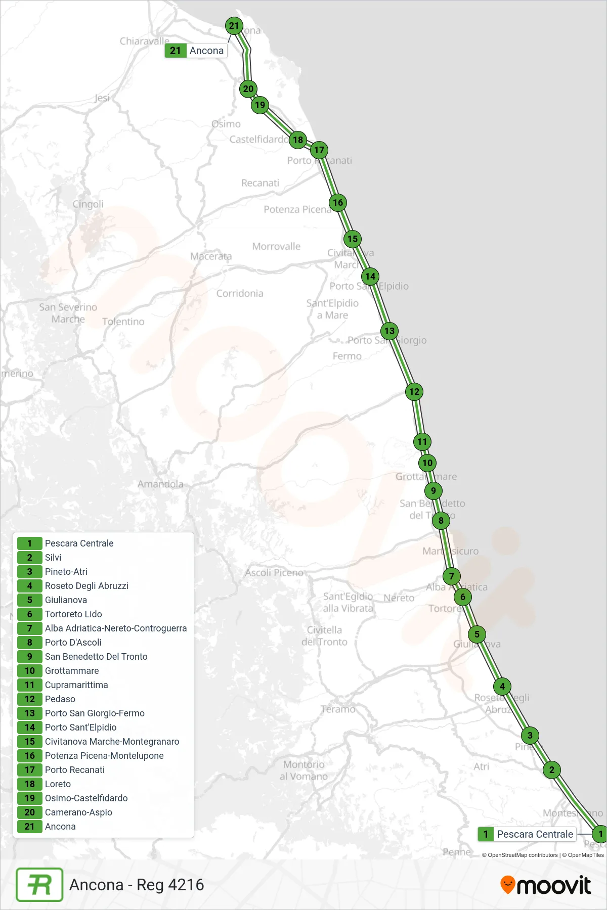 Linea REG  treno (Ancona - Reg 4216) - Percorsi e fermate sulla mappa