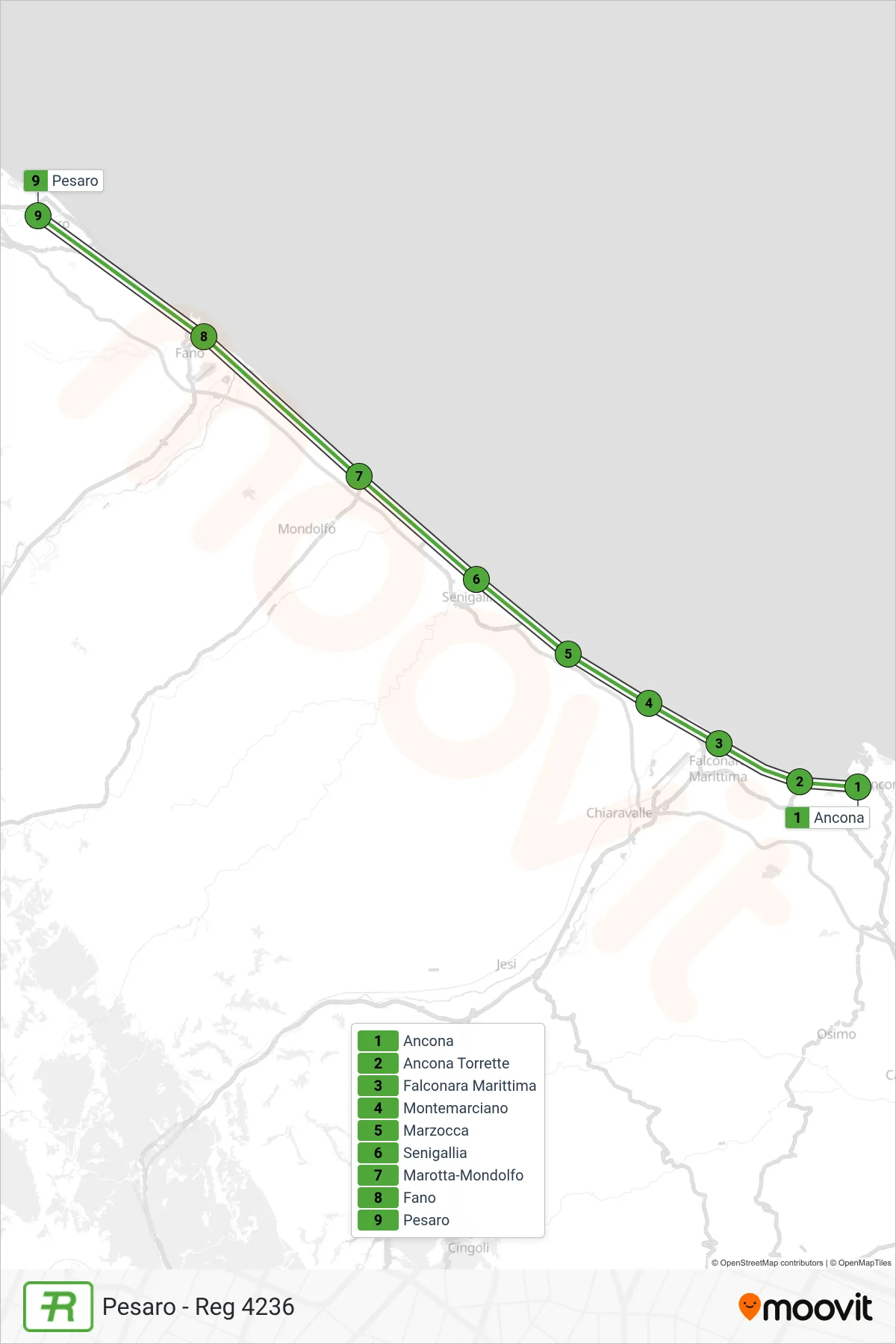 Linea REG  treno (Pesaro - Reg 4236) - Percorsi e fermate sulla mappa
