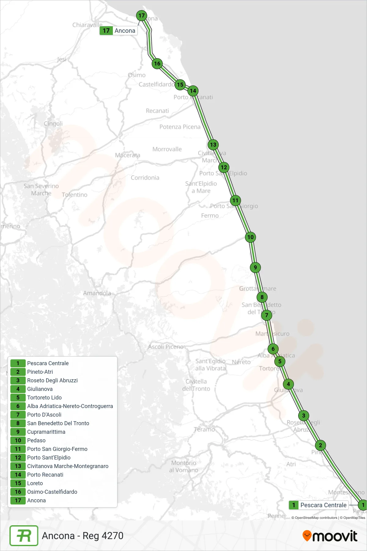 Linea REG  treno (Ancona - Reg 4270) - Percorsi e fermate sulla mappa