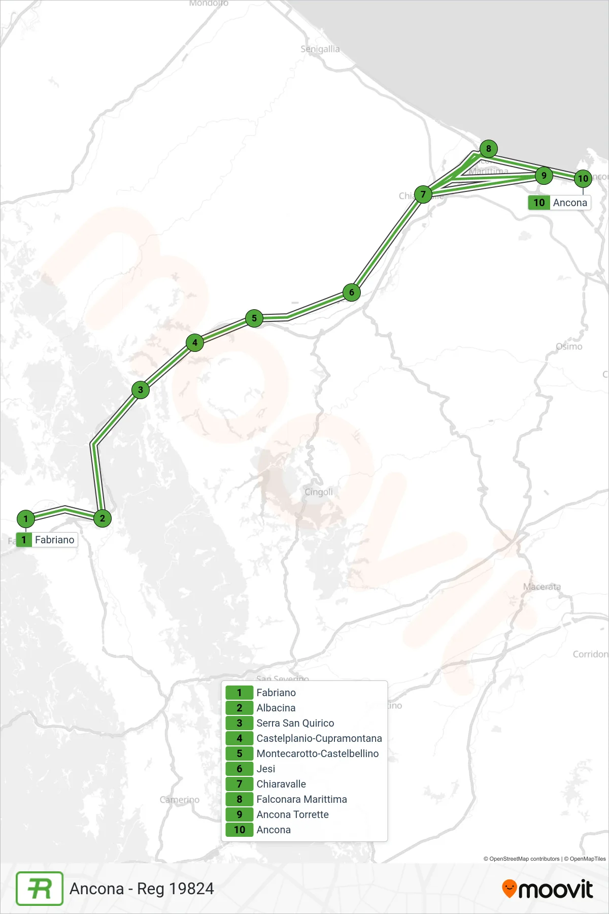 Linea REG treno (Ancona - Reg 19824) - Percorsi e fermate sulla mappa