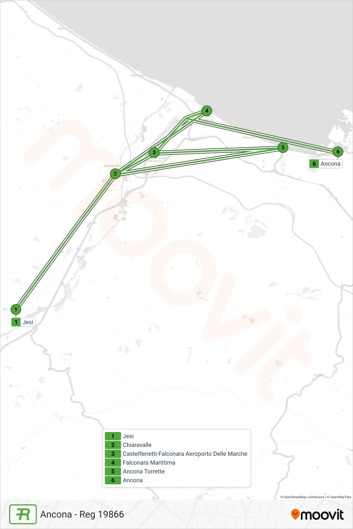 Linea REG  treno (Ancona - Reg 19866) - Percorsi e fermate sulla mappa