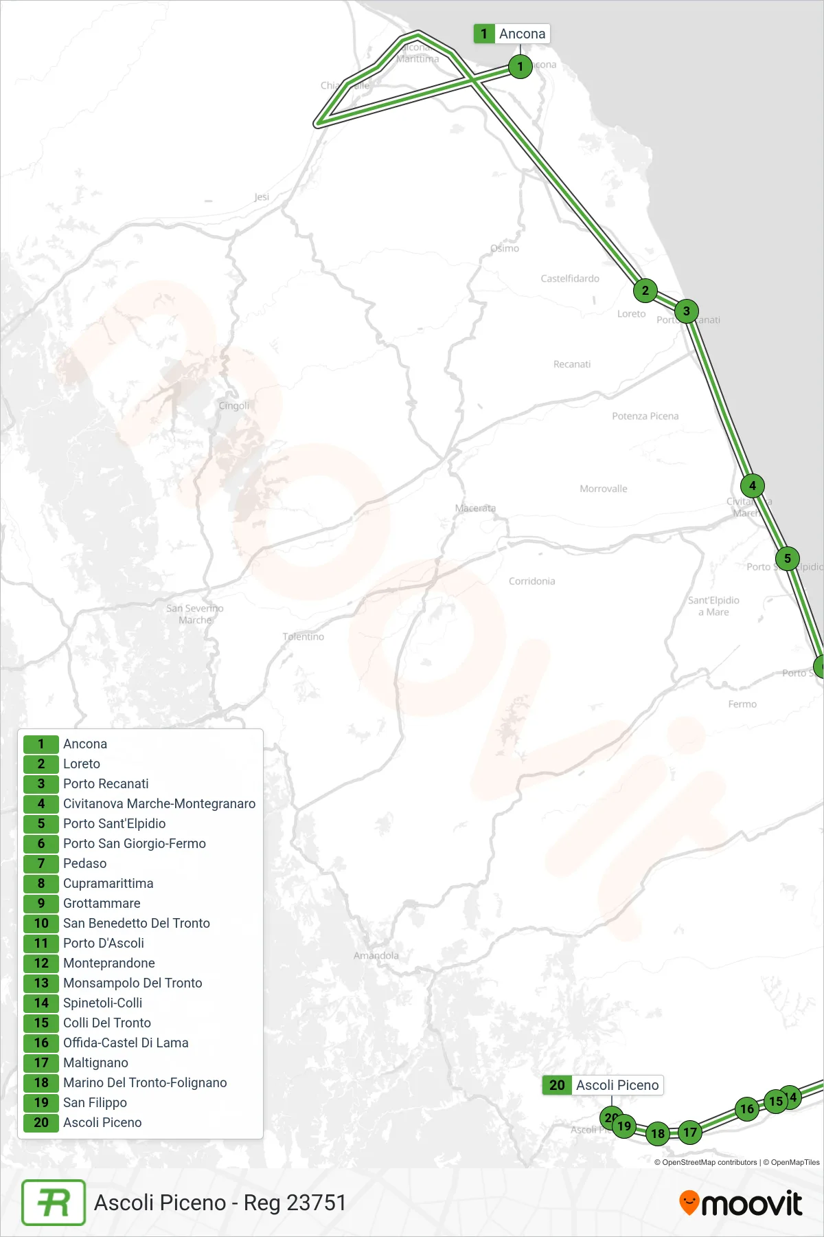 Linea REG treno (Ascoli Piceno - Reg 23751) - Percorsi e fermate sulla mappa