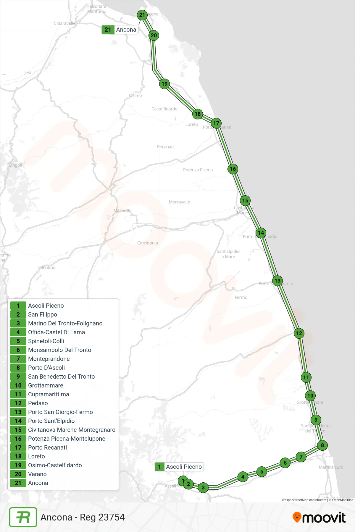 Linea REG treno (Ancona - Reg 23754) - Percorsi e fermate sulla mappa