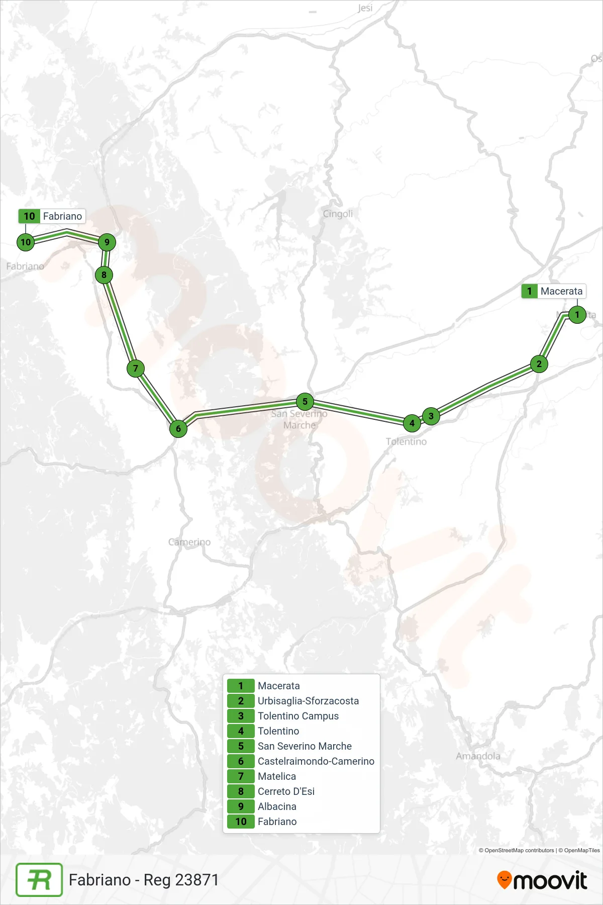 Linea REG  treno (Fabriano - Reg 23871) - Percorsi e fermate sulla mappa