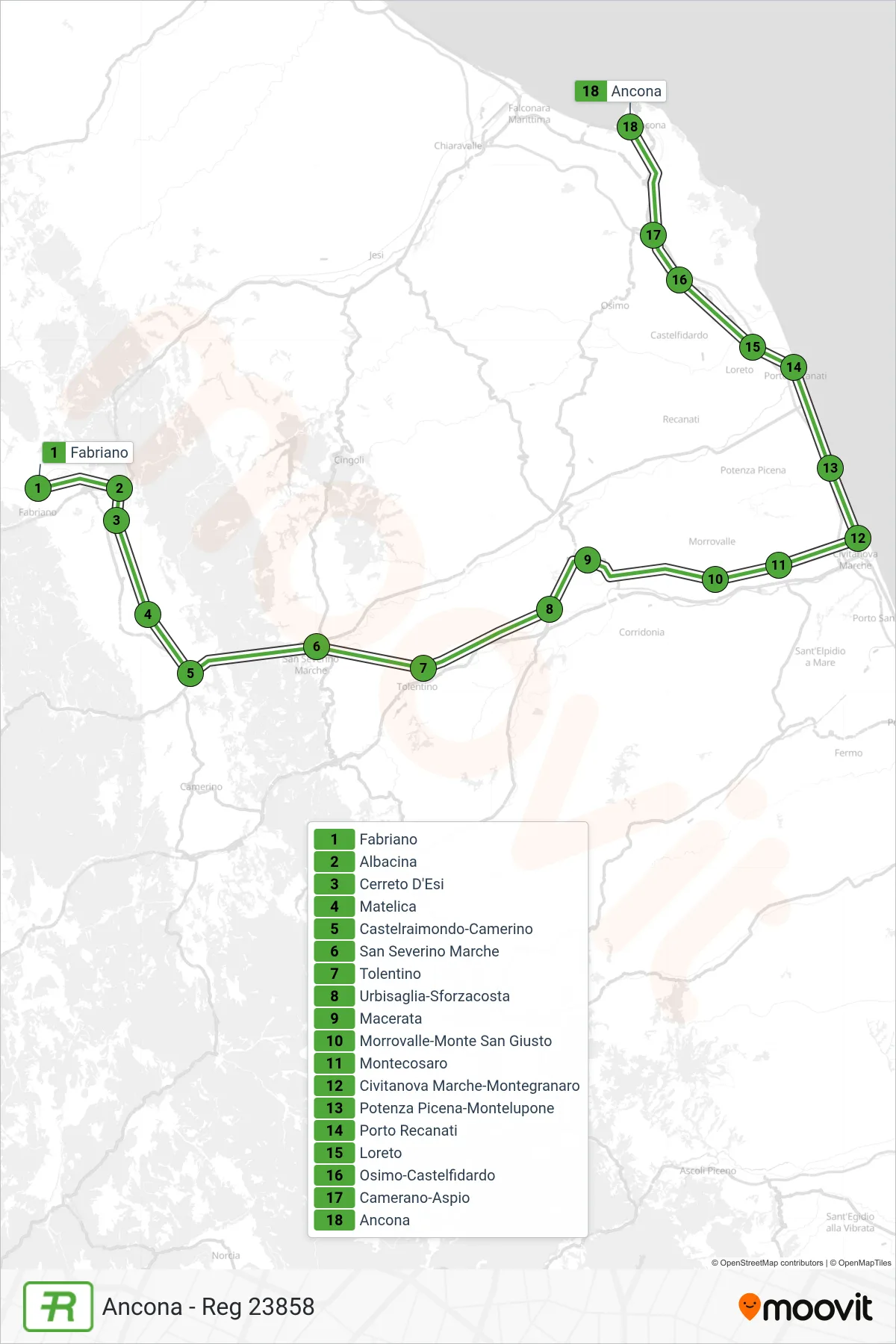 Linea REG  treno (Ancona - Reg 23858) - Percorsi e fermate sulla mappa