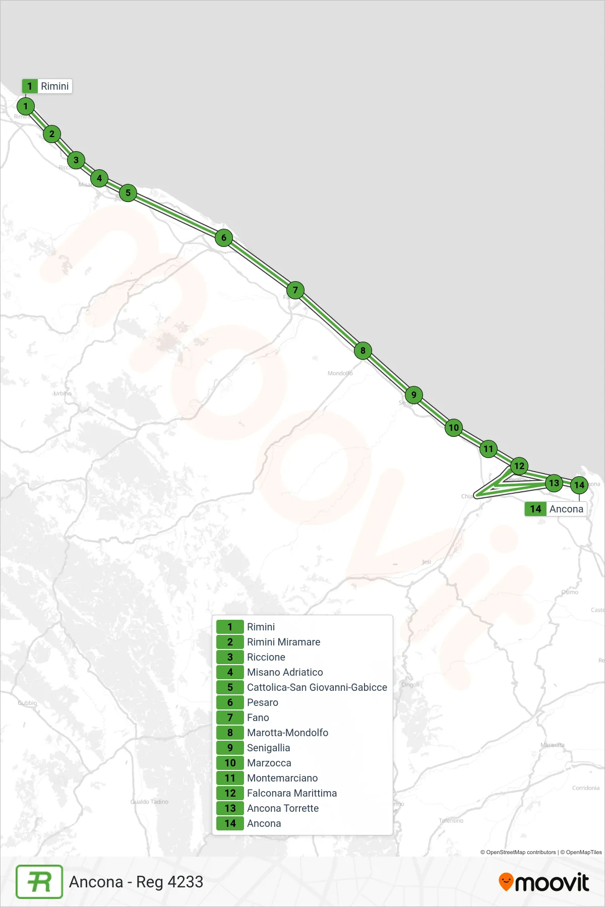 Linea REG treno (Ancona - Reg 4233) - Percorsi e fermate sulla mappa