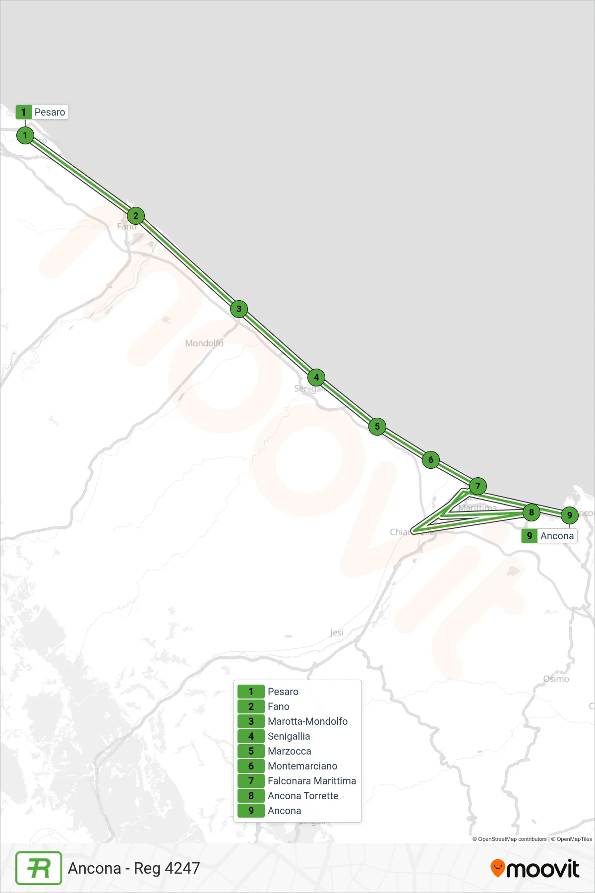 Linea REG treno (Ancona - Reg 4247) - Percorsi e fermate sulla mappa