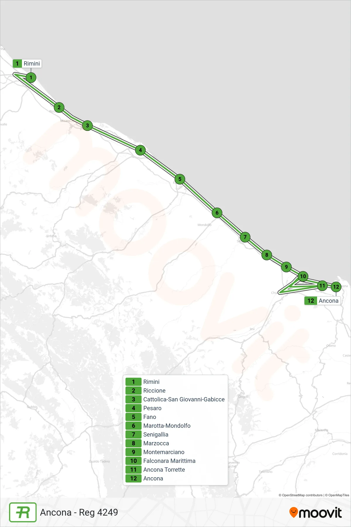 Linea REG  treno (Ancona - Reg 4249) - Percorsi e fermate sulla mappa