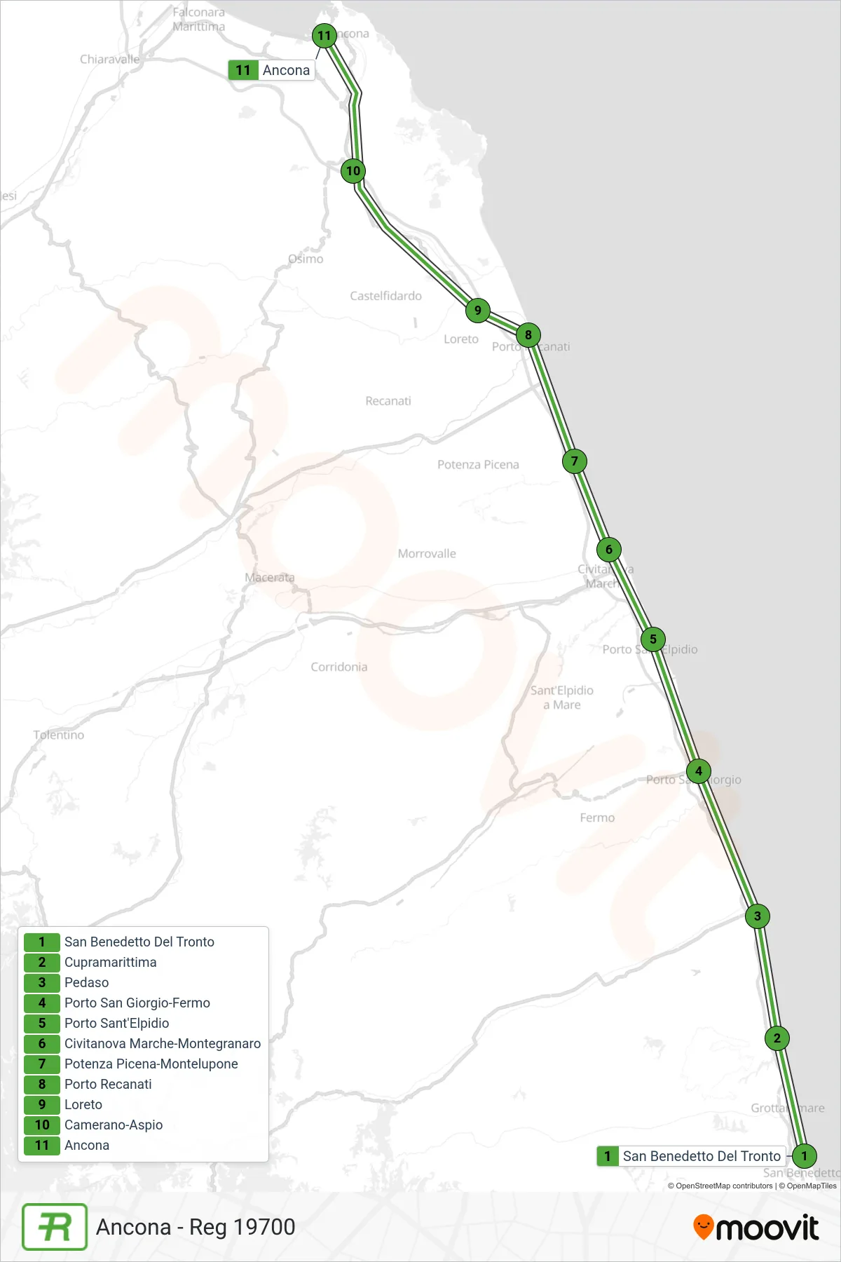 Linea REG treno (Ancona - Reg 19700) - Percorsi e fermate sulla mappa