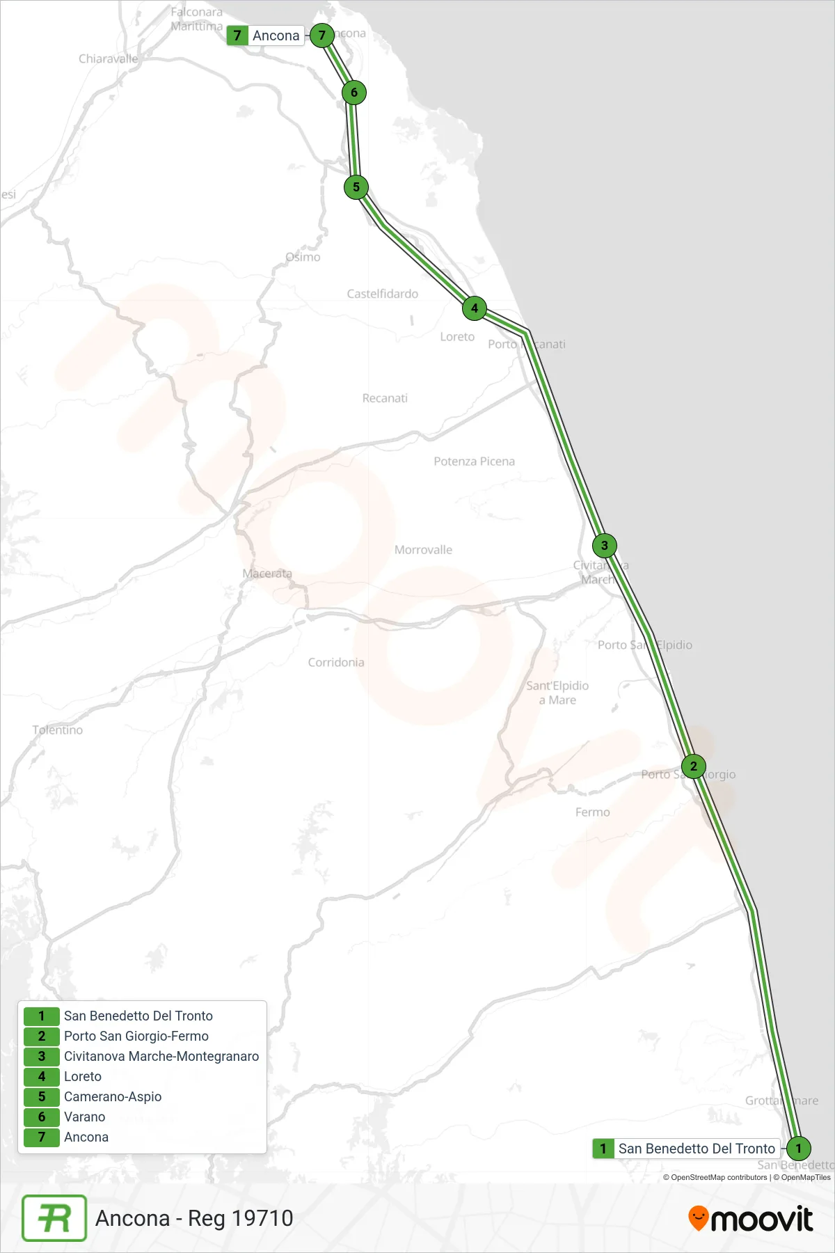 Linea REG  treno (Ancona - Reg 19710) - Percorsi e fermate sulla mappa