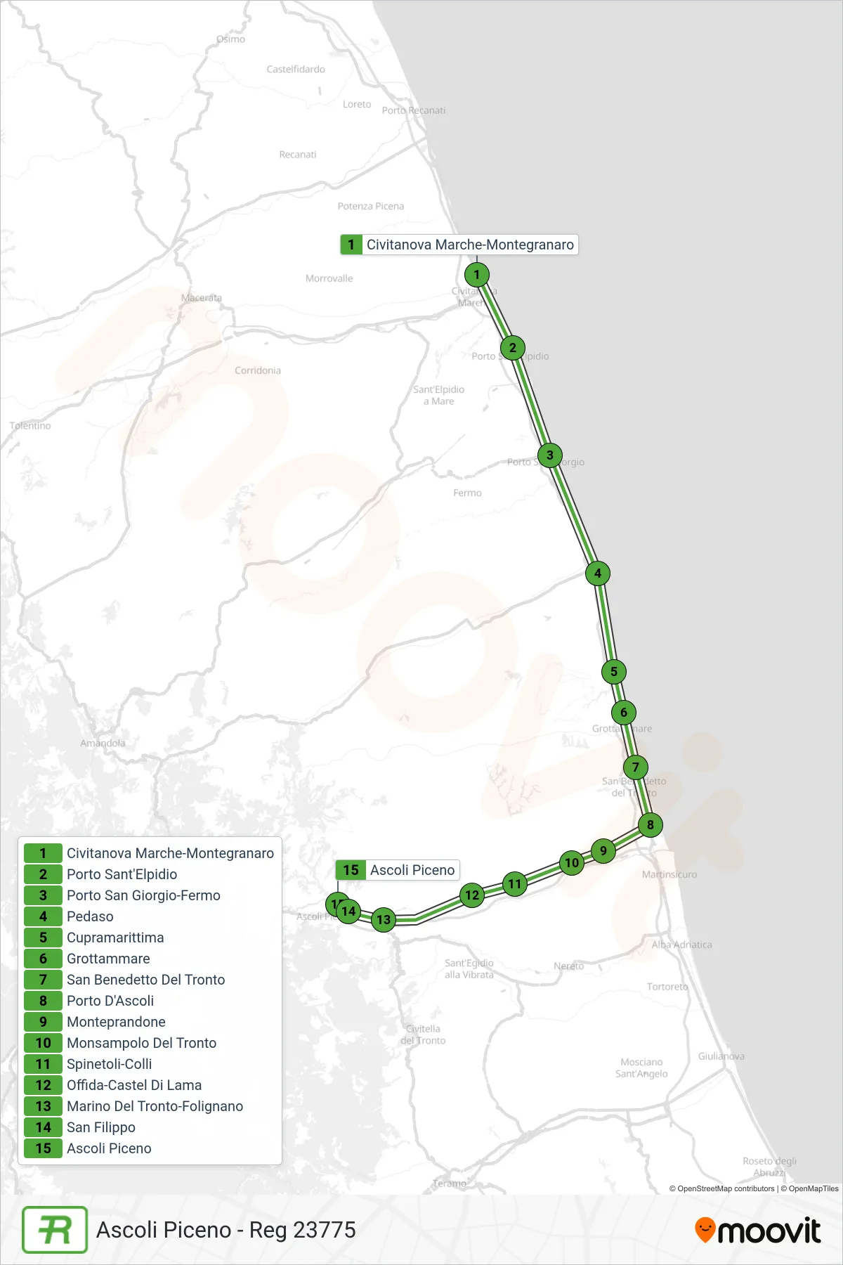 Linea REG treno (Ascoli Piceno - Reg 23775) - Percorsi e fermate sulla mappa
