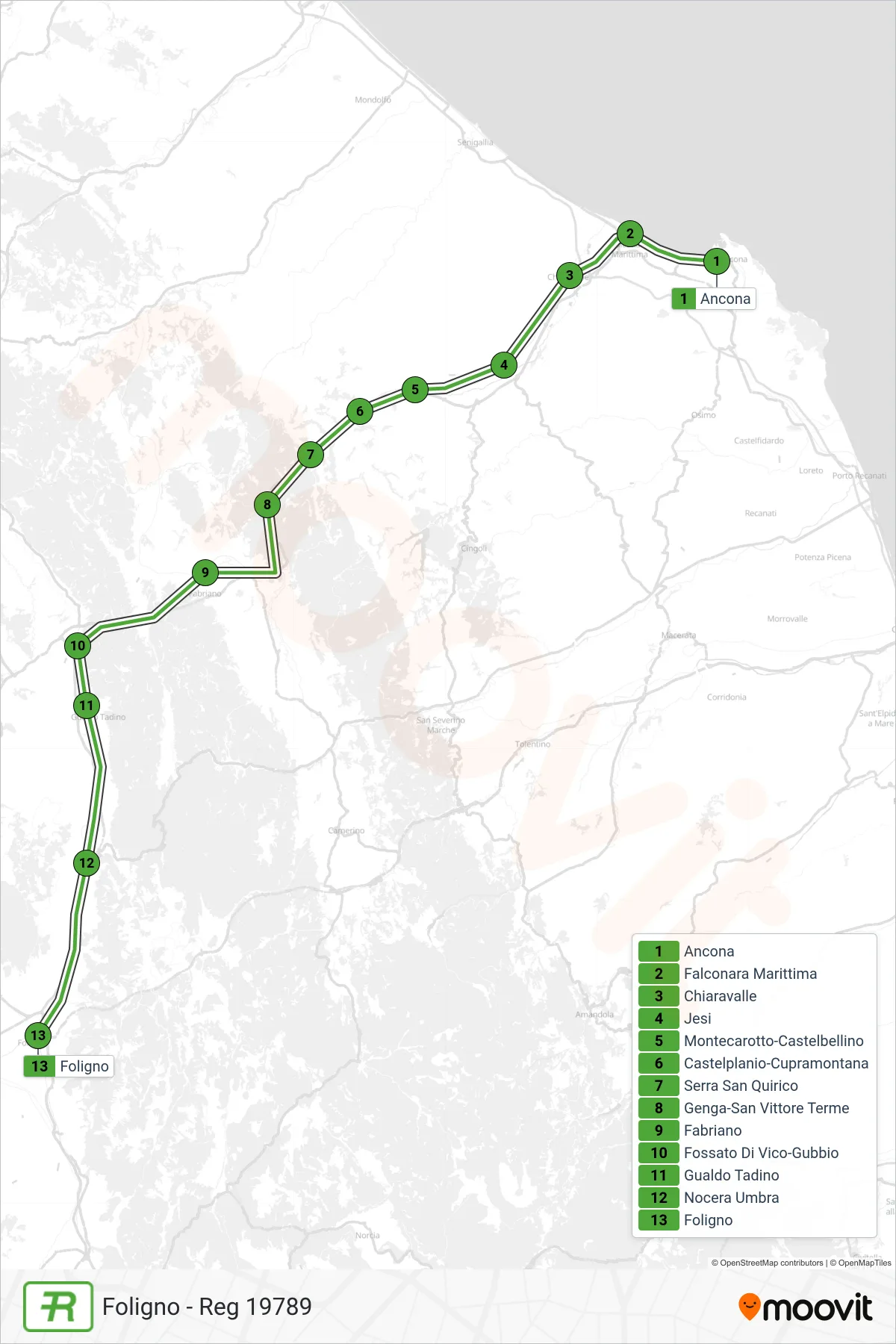 Linea REG  treno (Foligno - Reg 19789) - Percorsi e fermate sulla mappa