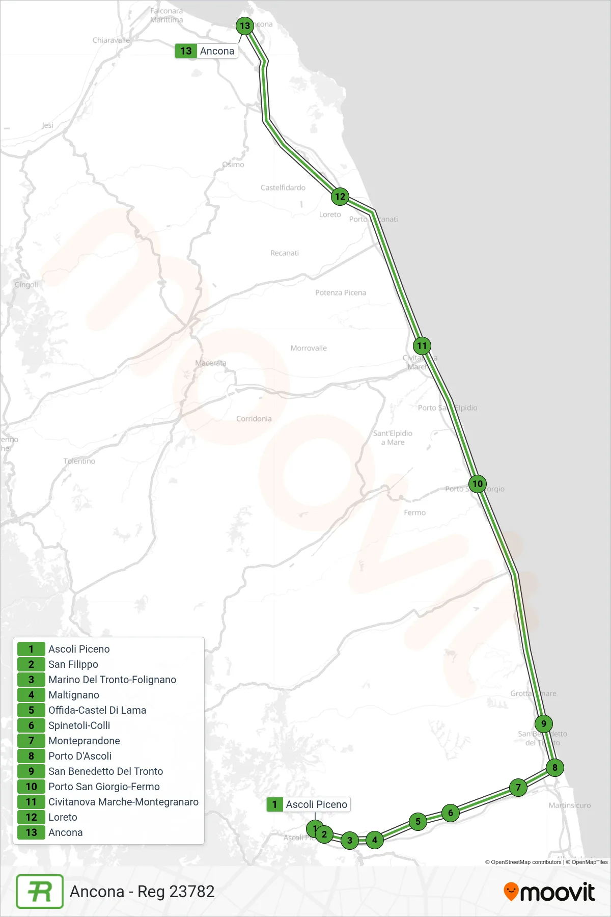 Linea REG treno (Ancona - Reg 23782) - Percorsi e fermate sulla mappa