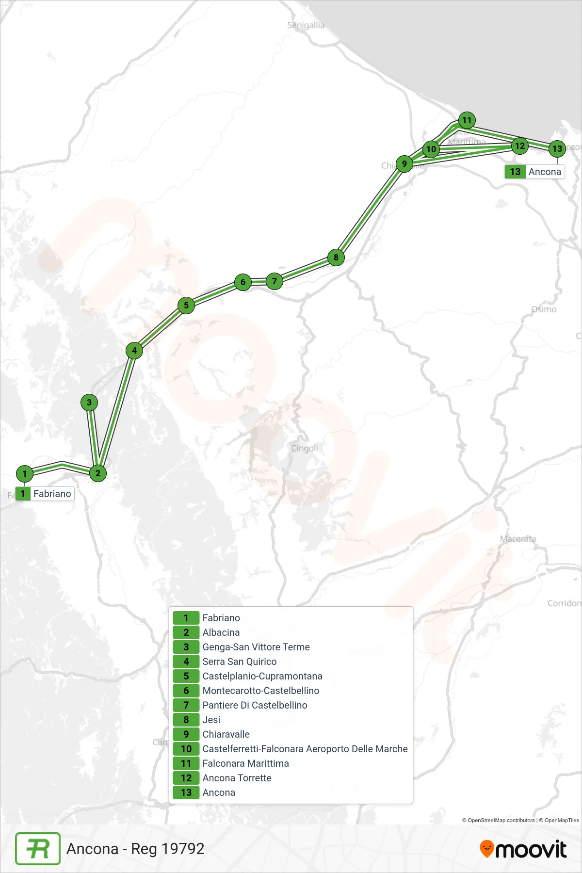 Linea REG  treno (Ancona - Reg 19792) - Percorsi e fermate sulla mappa