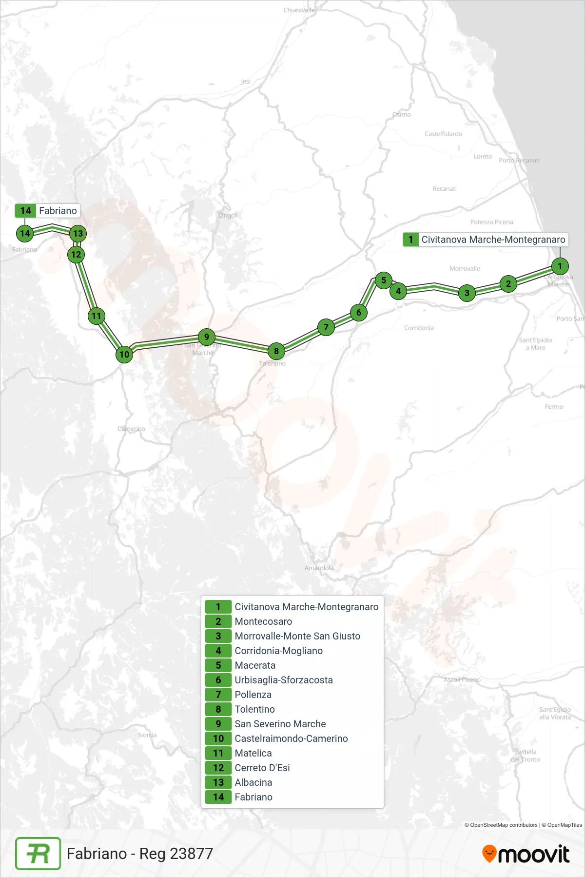 Linea REG treno (Fabriano - Reg 23877) - Percorsi e fermate sulla mappa