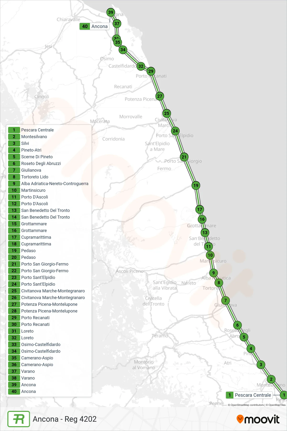 Linea REG treno (Ancona - Reg 4202) - Percorsi e fermate sulla mappa