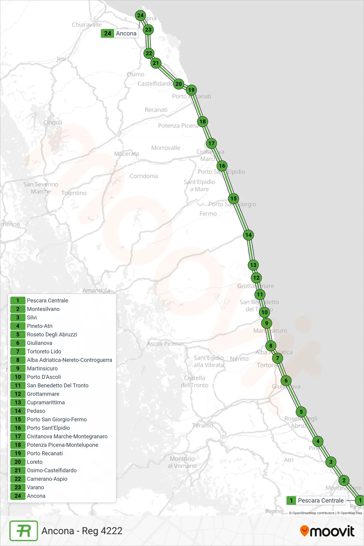 Linea REG treno (Ancona - Reg 4222) - Percorsi e fermate sulla mappa