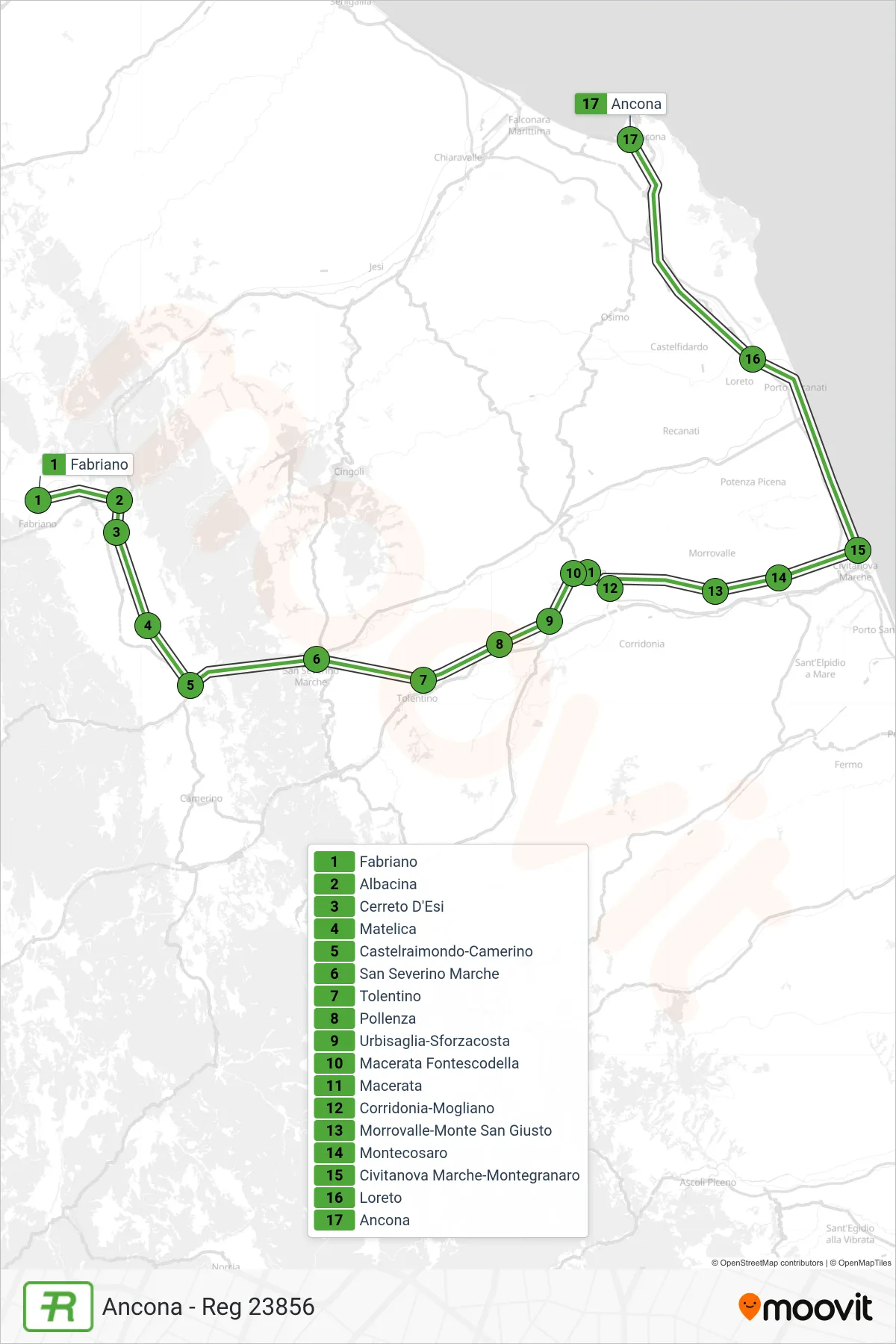 Linea REG treno (Ancona - Reg 23856) - Percorsi e fermate sulla mappa