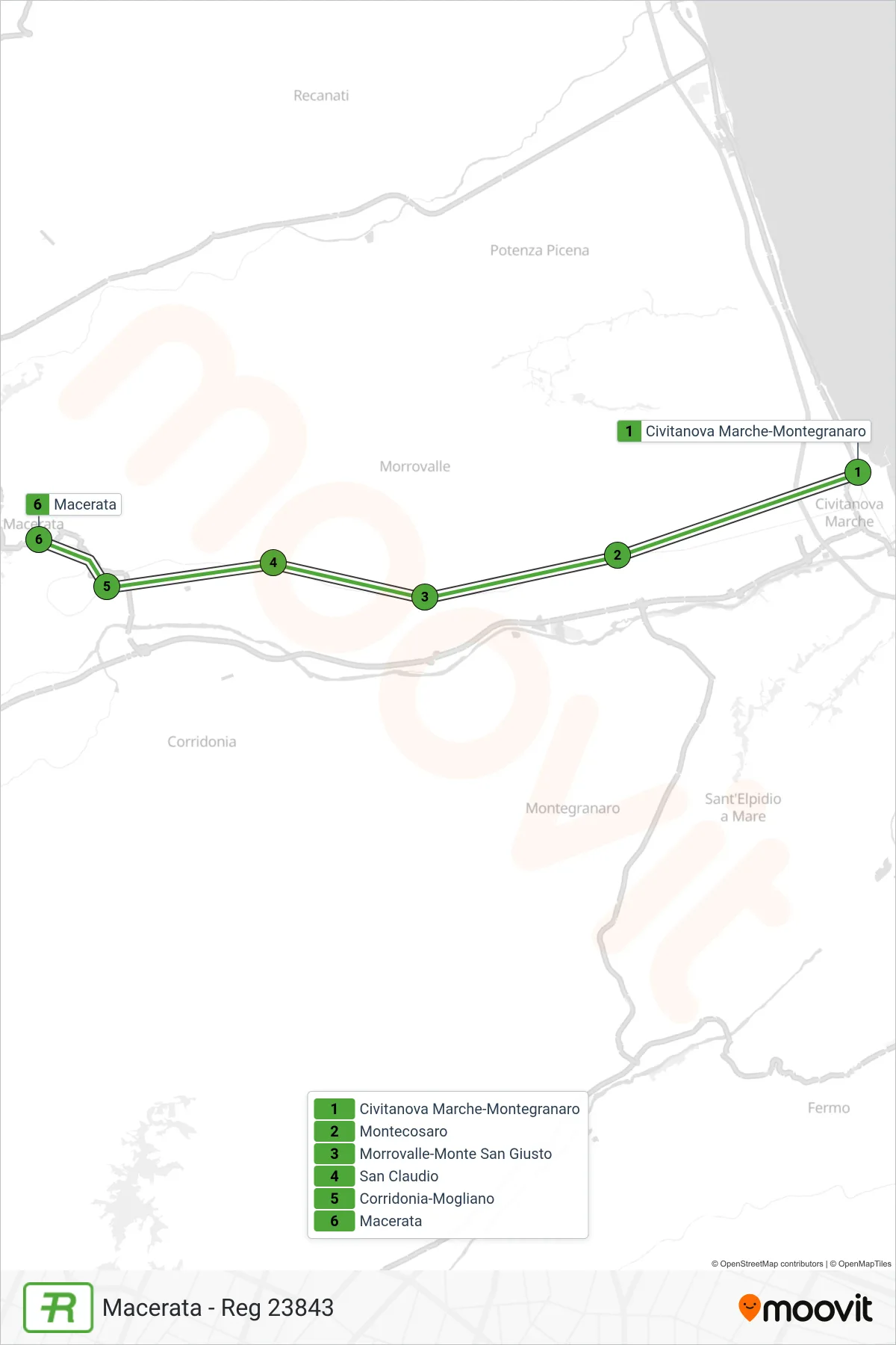 Linea REG treno (Macerata - Reg 23843) - Percorsi e fermate sulla mappa