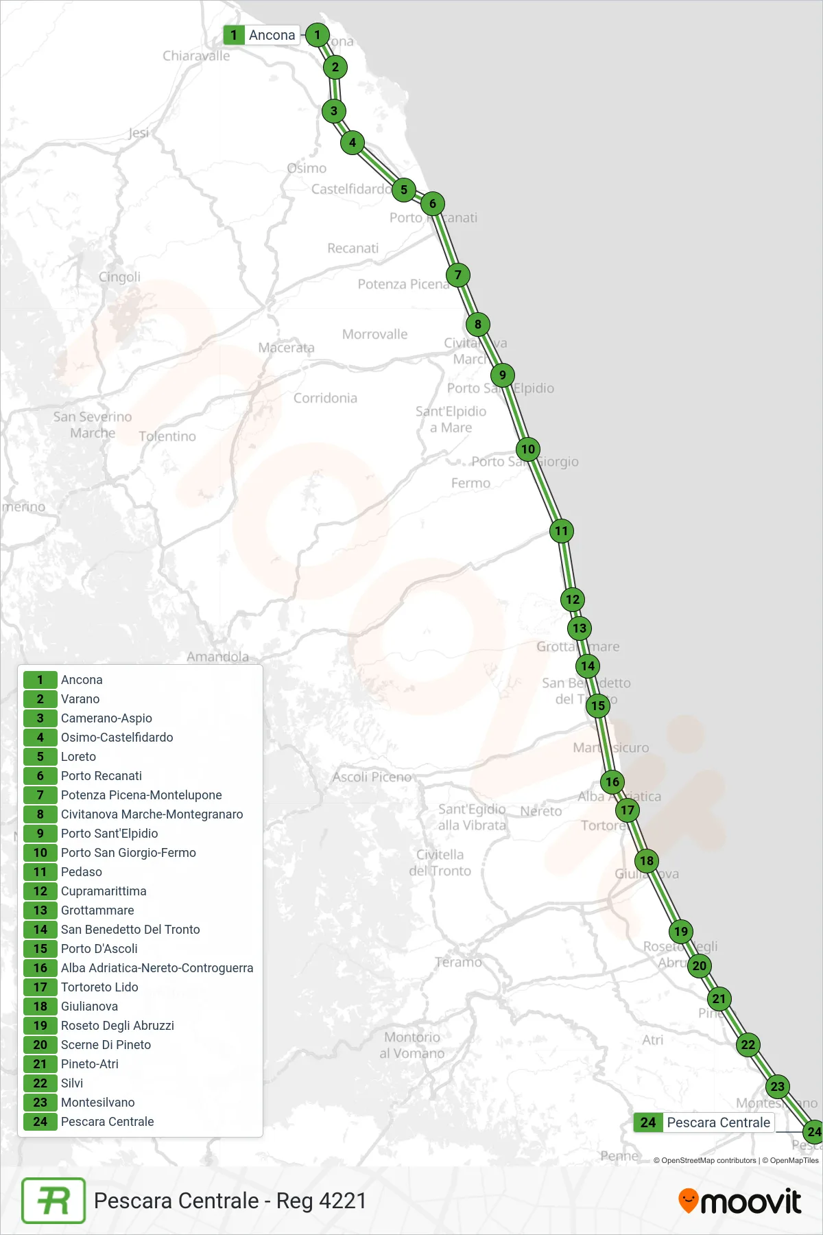 Linea REG  treno (Pescara Centrale - Reg 4221) - Percorsi e fermate sulla mappa