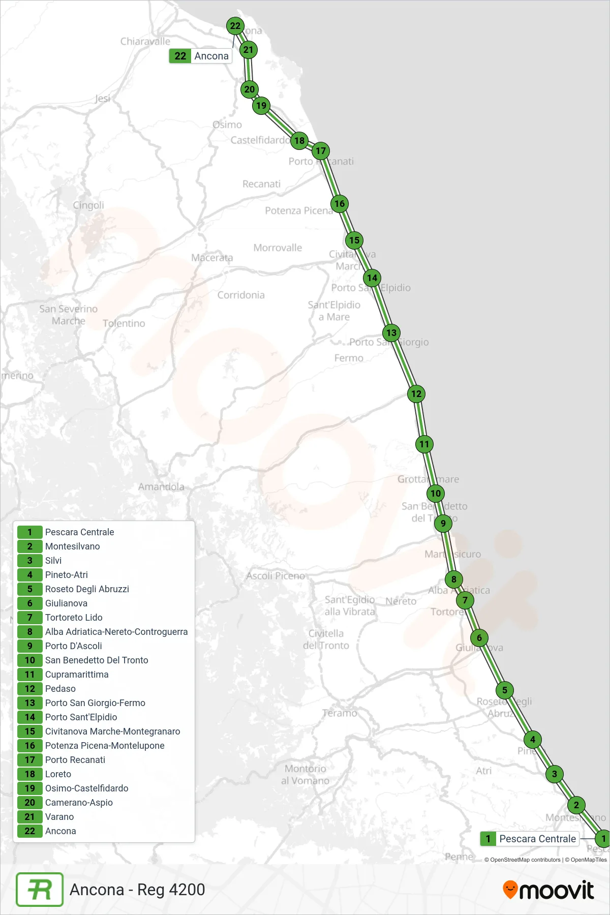 Linea REG treno (Ancona - Reg 4200) - Percorsi e fermate sulla mappa