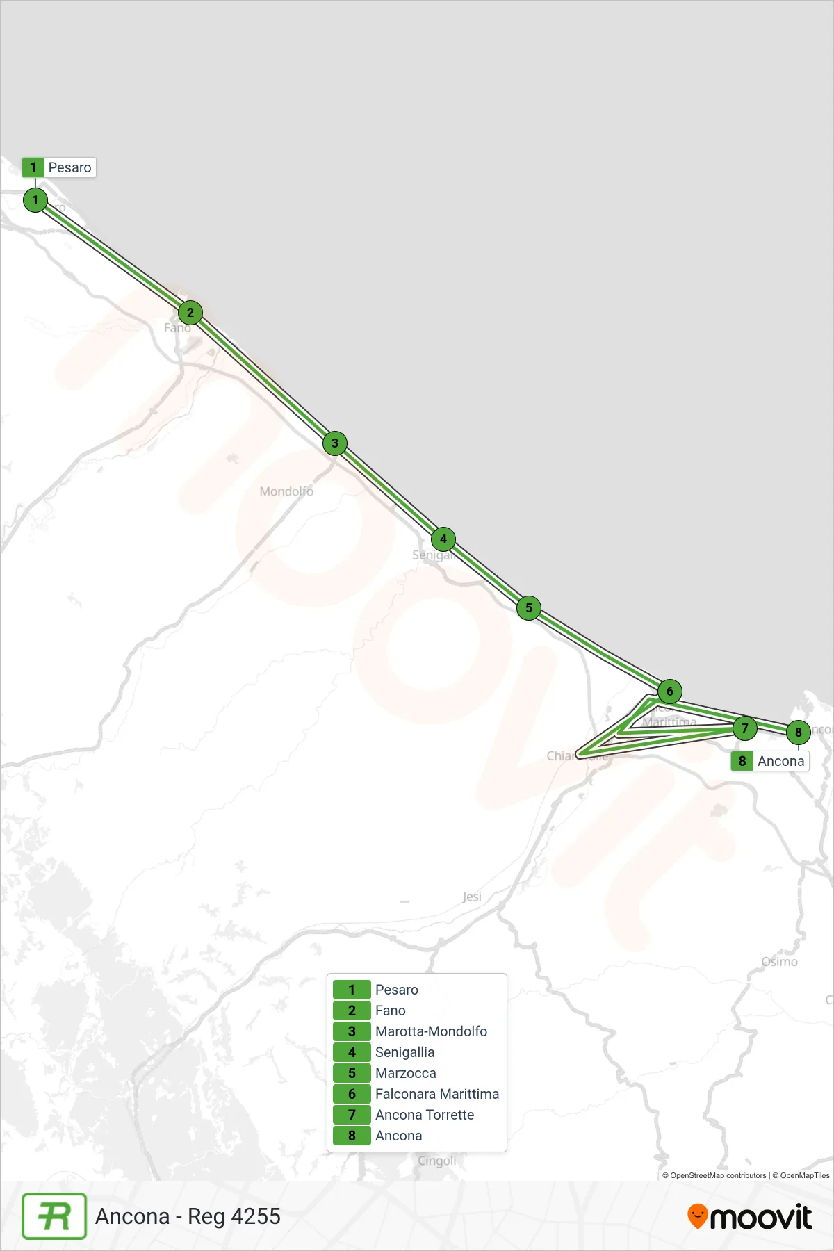Linea REG treno (Ancona - Reg 4255) - Percorsi e fermate sulla mappa