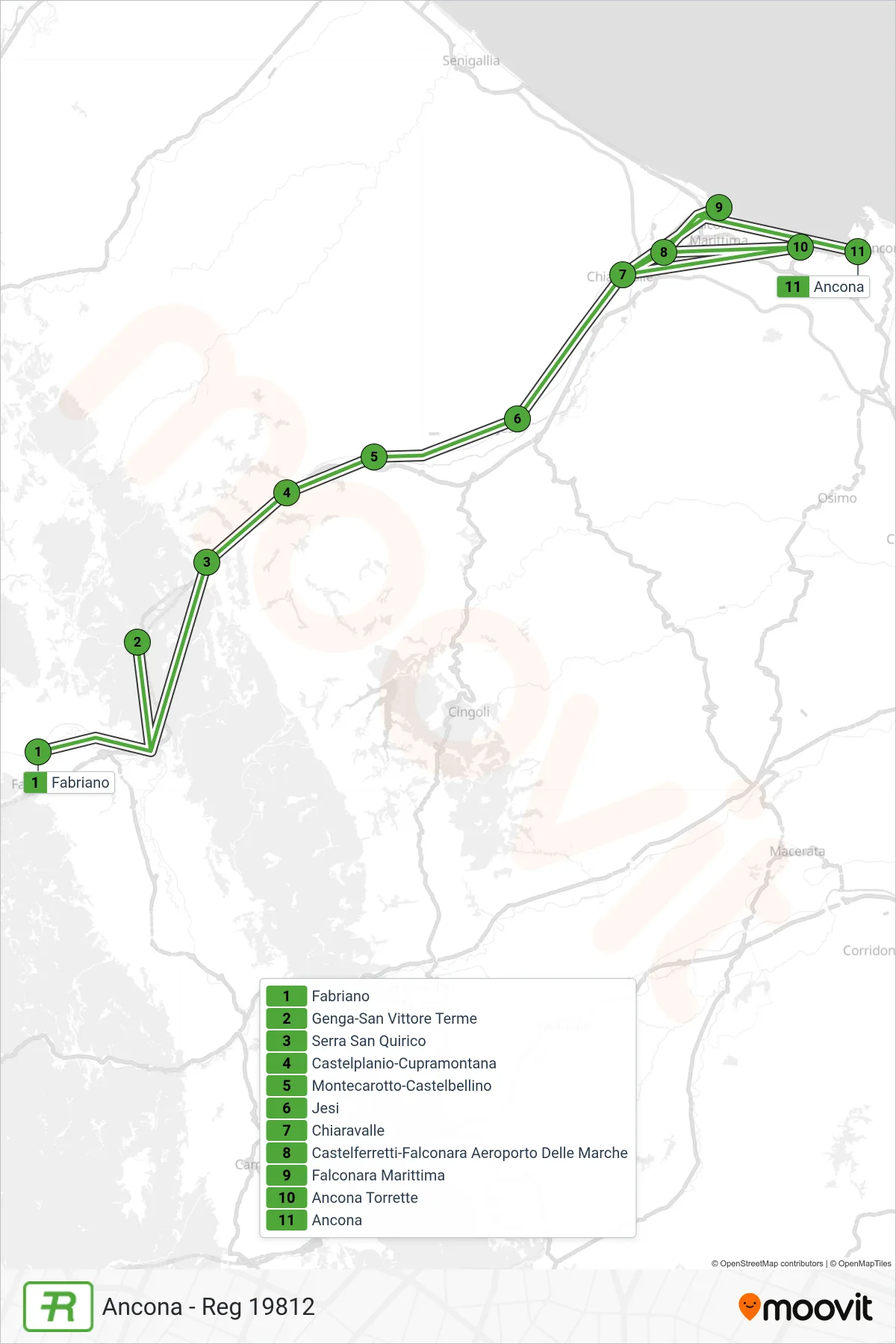 Linea REG  treno (Ancona - Reg 19812) - Percorsi e fermate sulla mappa