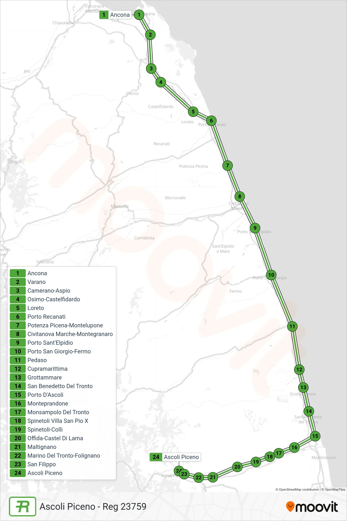 Linea REG treno (Ascoli Piceno - Reg 23759) - Percorsi e fermate sulla mappa