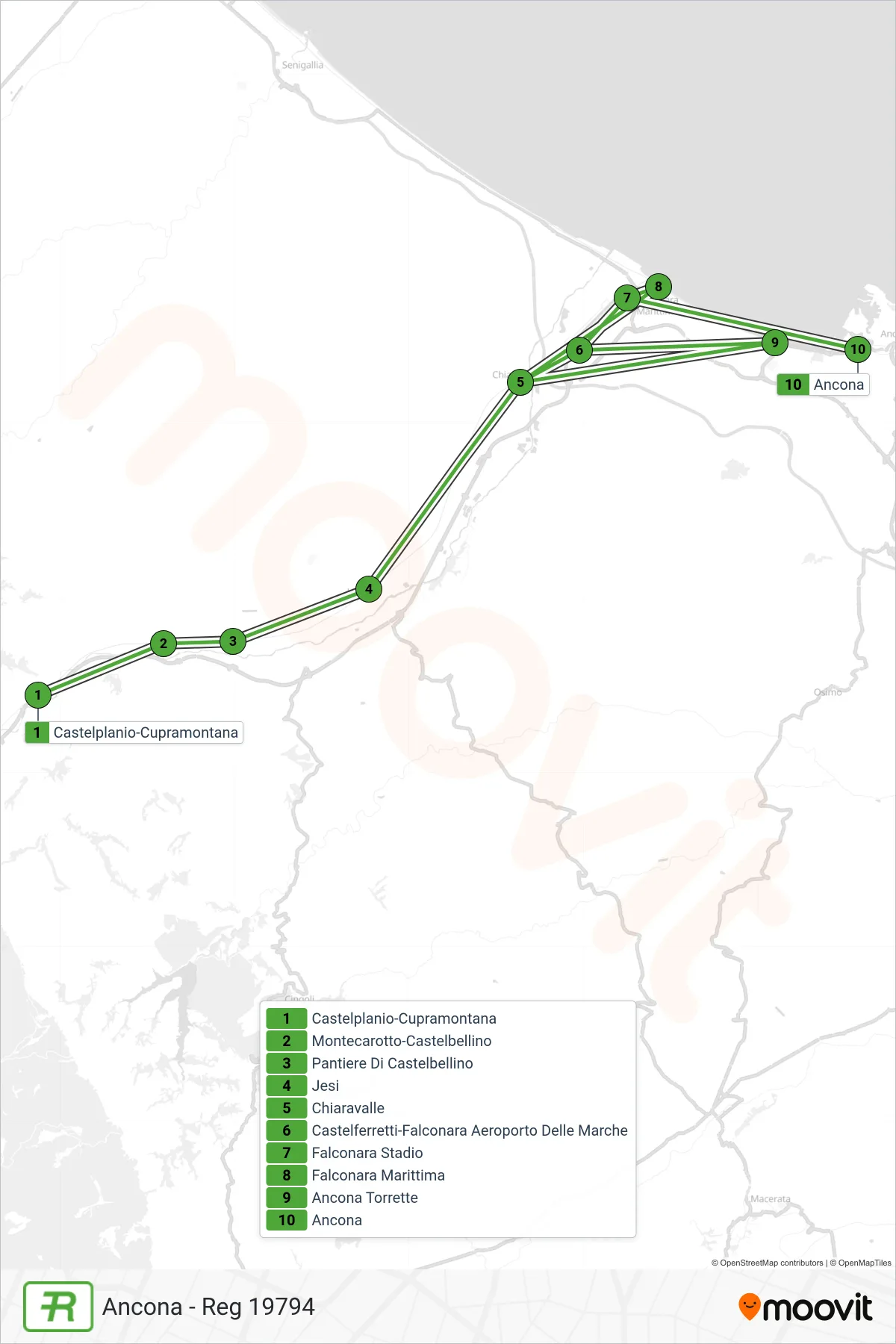 Linea REG  treno (Ancona - Reg 19794) - Percorsi e fermate sulla mappa