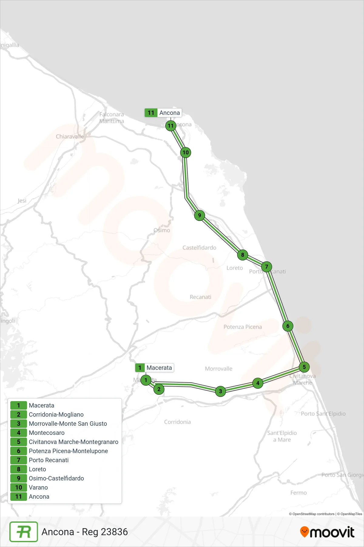 Linea REG treno (Ancona - Reg 23836) - Percorsi e fermate sulla mappa