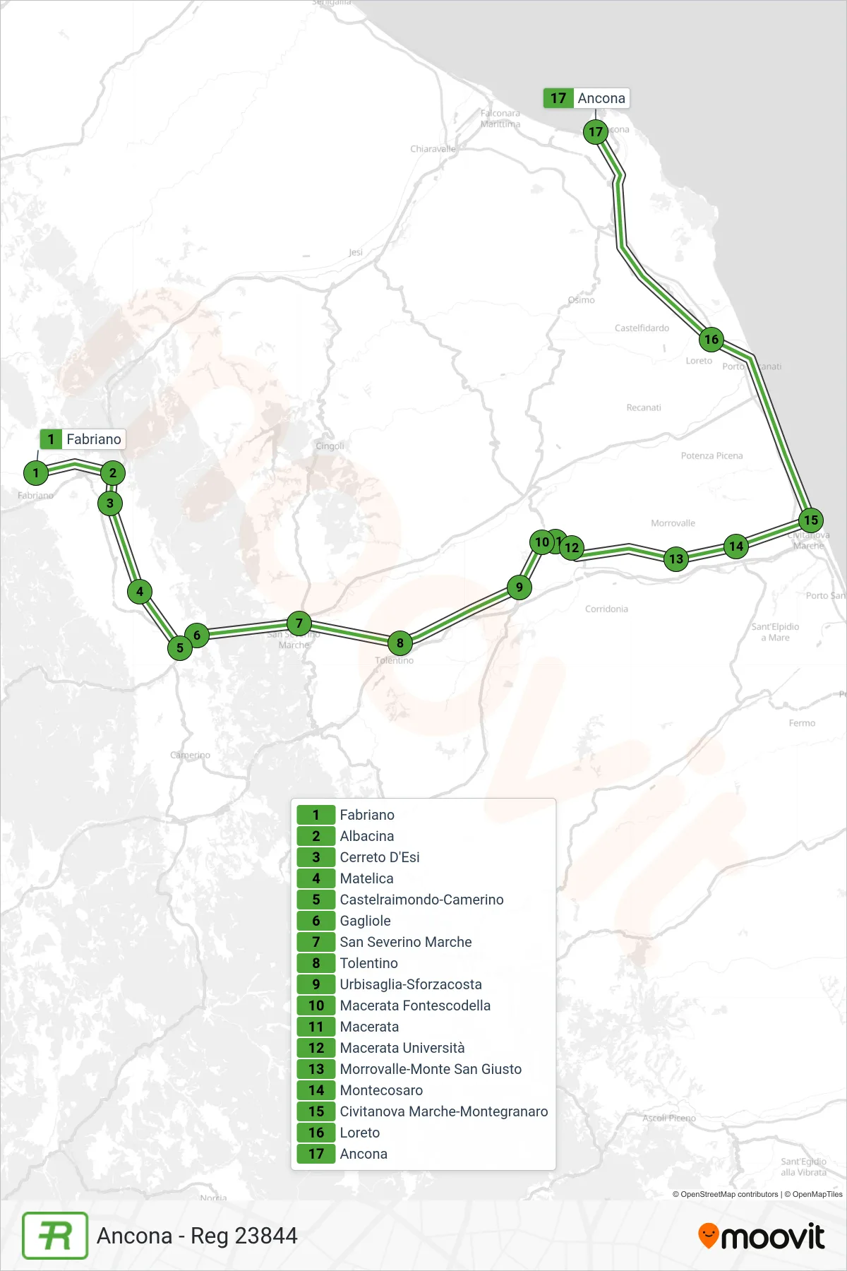 Linea REG treno (Ancona - Reg 23844) - Percorsi e fermate sulla mappa