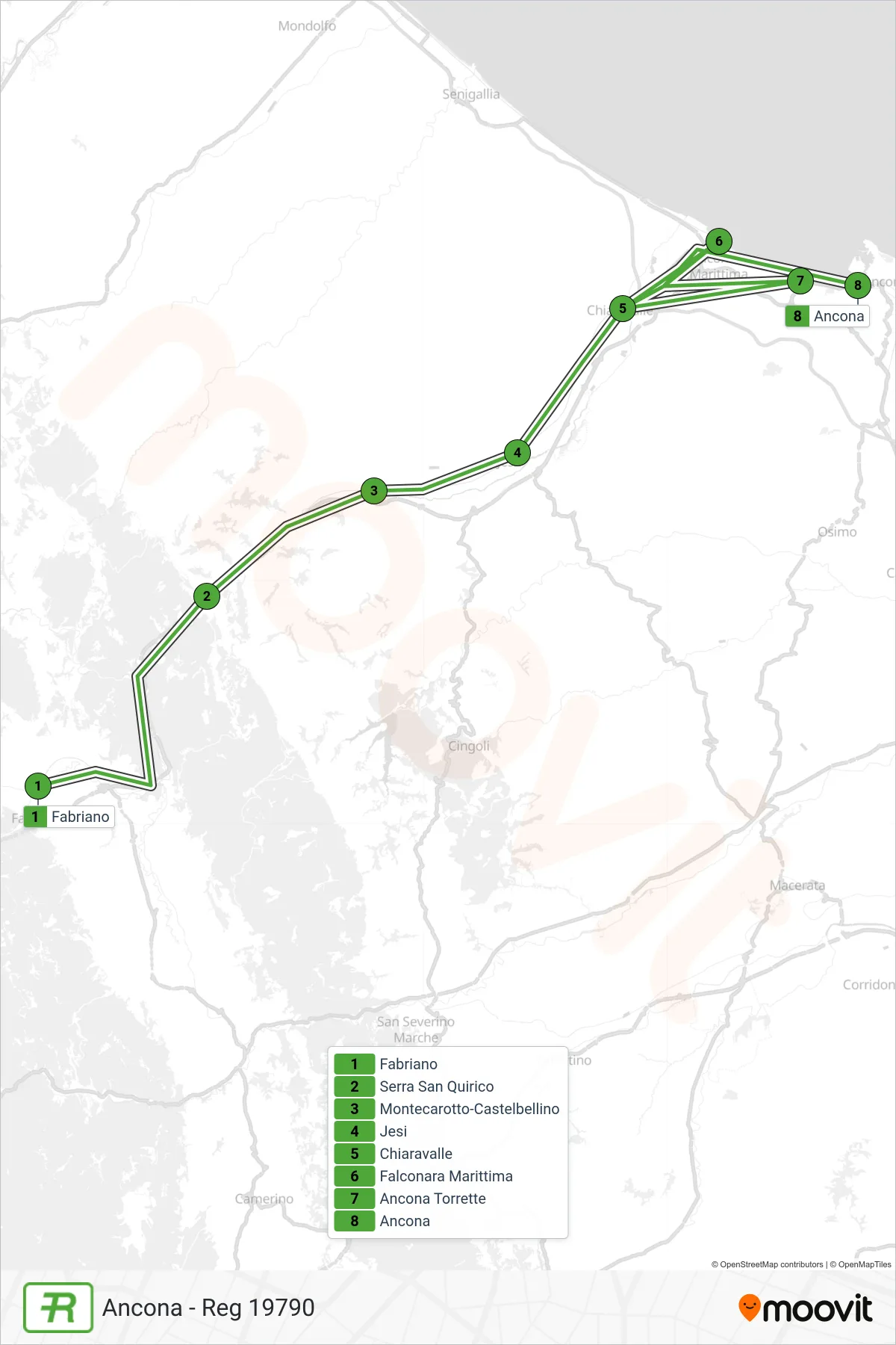 Linea REG  treno (Ancona - Reg 19790) - Percorsi e fermate sulla mappa