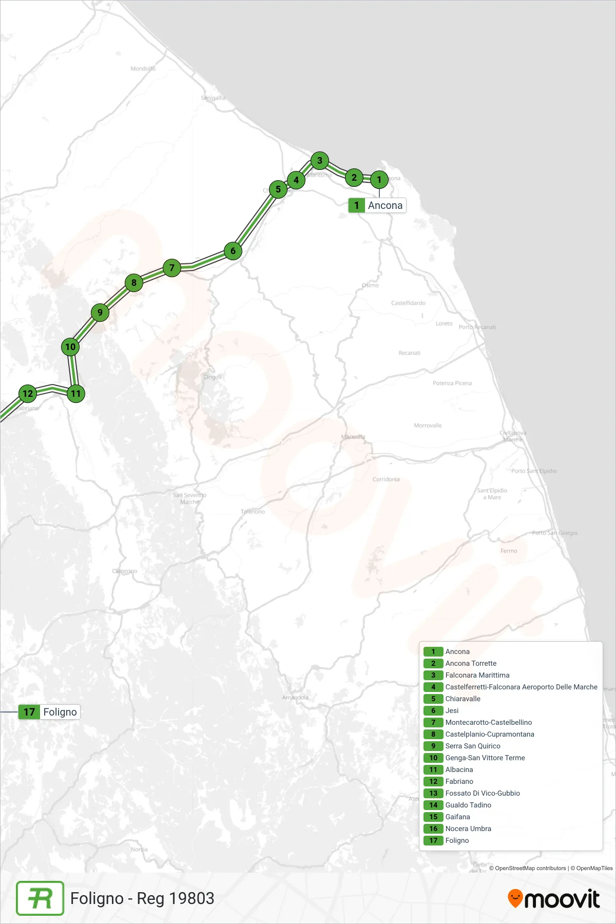 Linea REG treno (Foligno - Reg 19803) - Percorsi e fermate sulla mappa