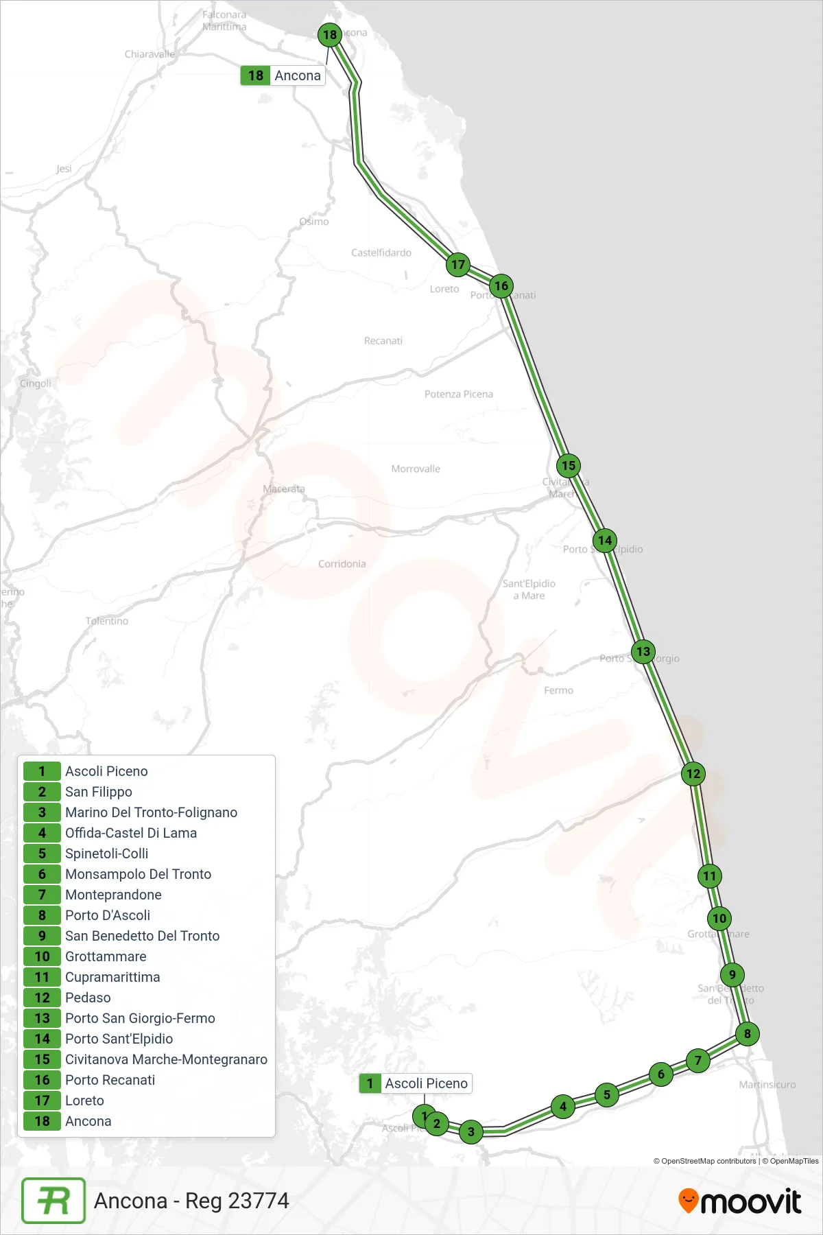 Linea REG  treno (Ancona - Reg 23774) - Percorsi e fermate sulla mappa