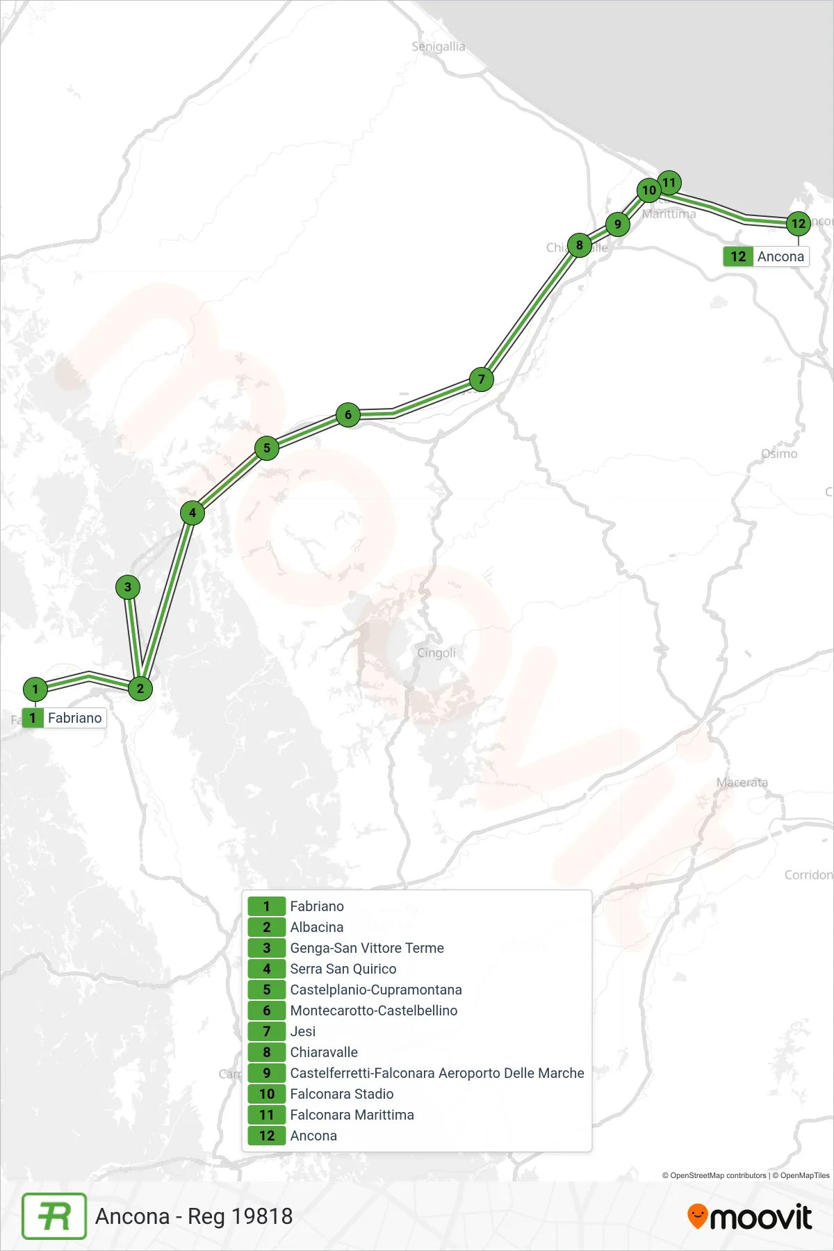 Linea REG  treno (Ancona - Reg 19818) - Percorsi e fermate sulla mappa