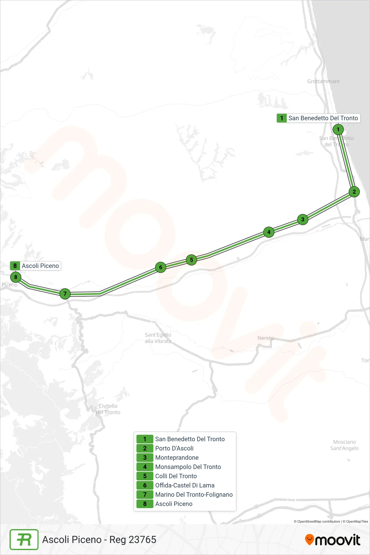 Linea REG  treno (Ascoli Piceno - Reg 23765) - Percorsi e fermate sulla mappa